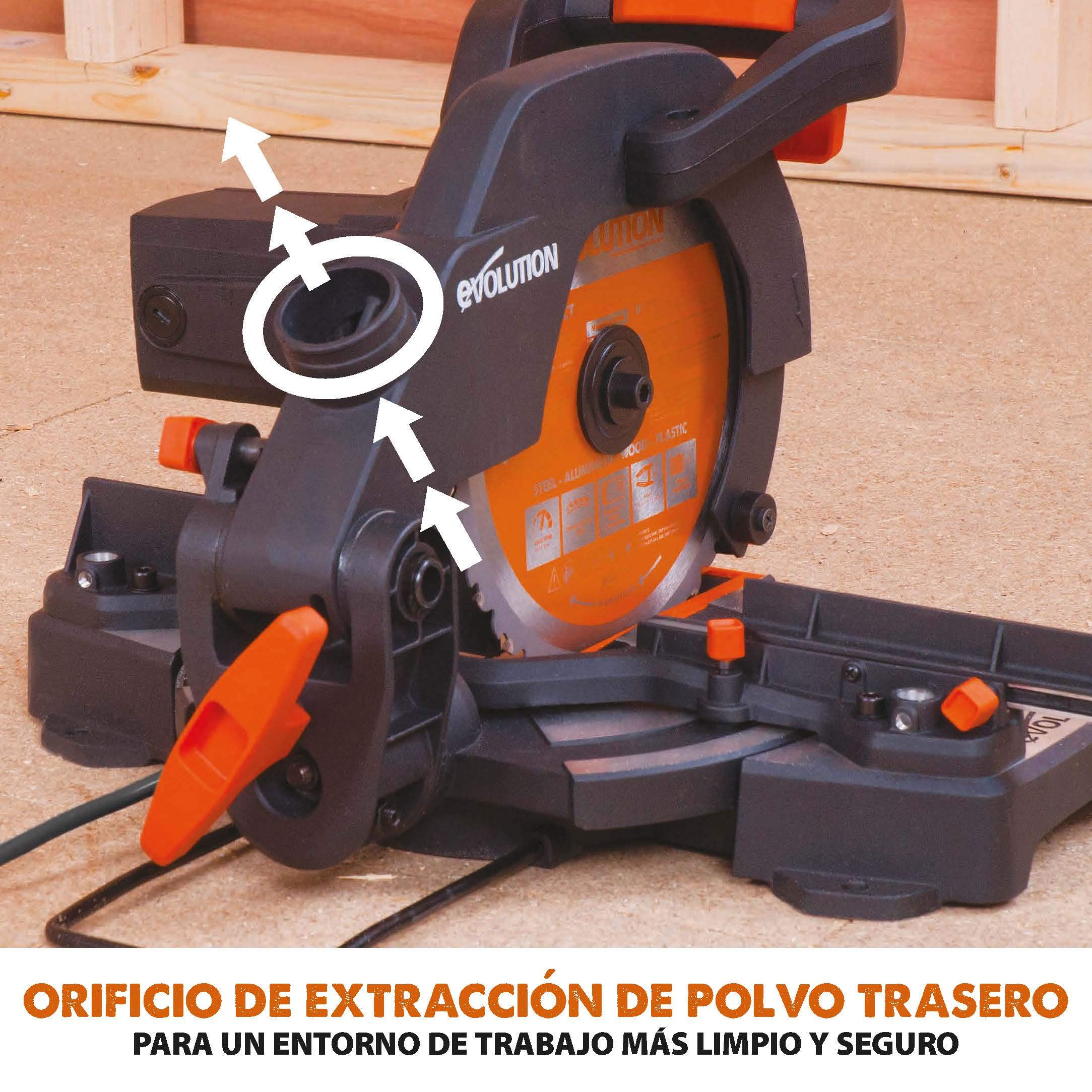 Evolution Power Tools R210CMS Multimaterial Sierra Ingletadora - Corta acero dulce, aluminio, plástico, madera con clavos incrustados, 210 mm