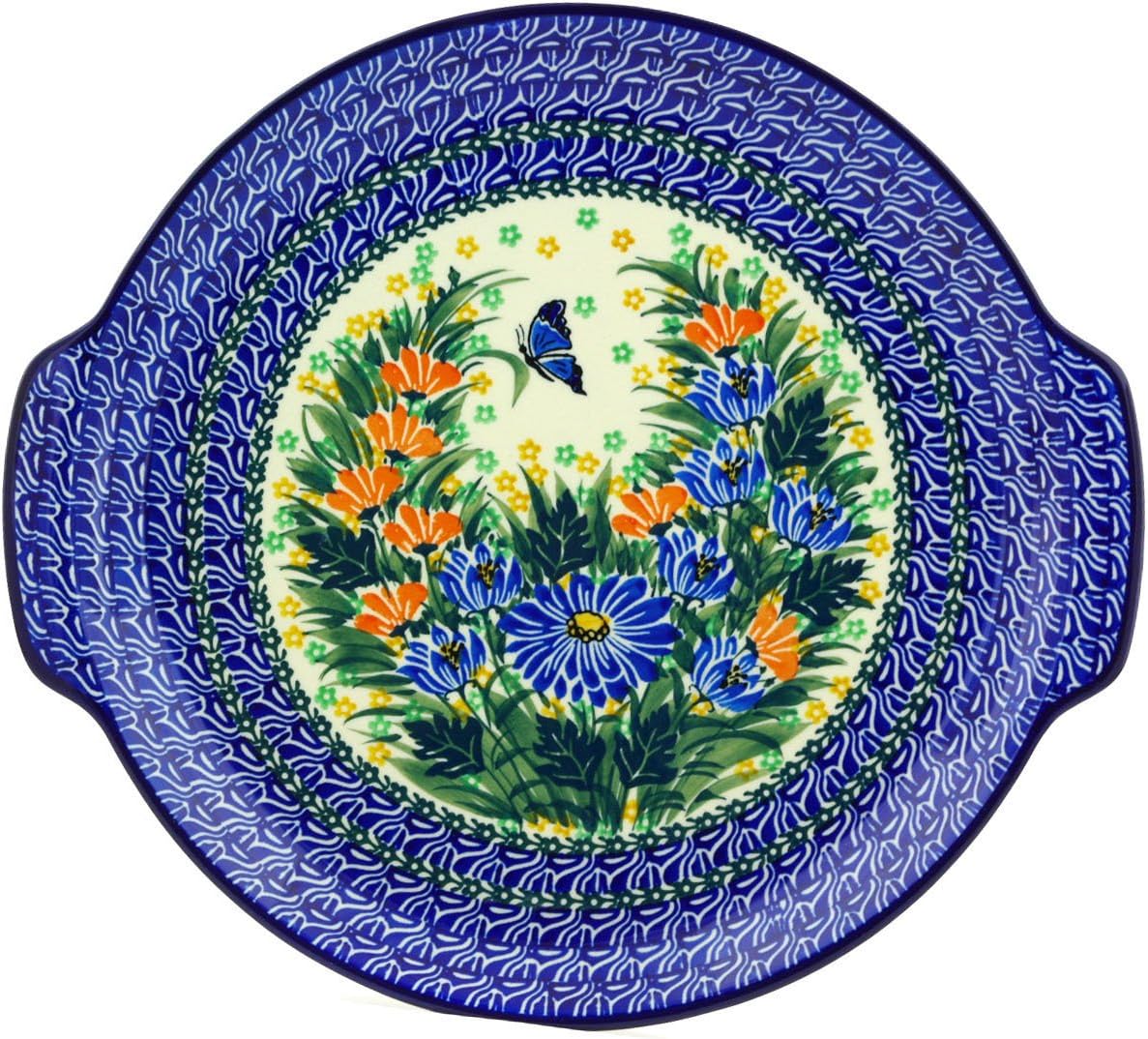 Polmedia Polish Pottery Platter with Handles 13-inch UNIKAT - Butterfly Blues Pattern Handmade in Boleslawiec Poland by Ceramika Artystyczna + Certificate of Authenticity