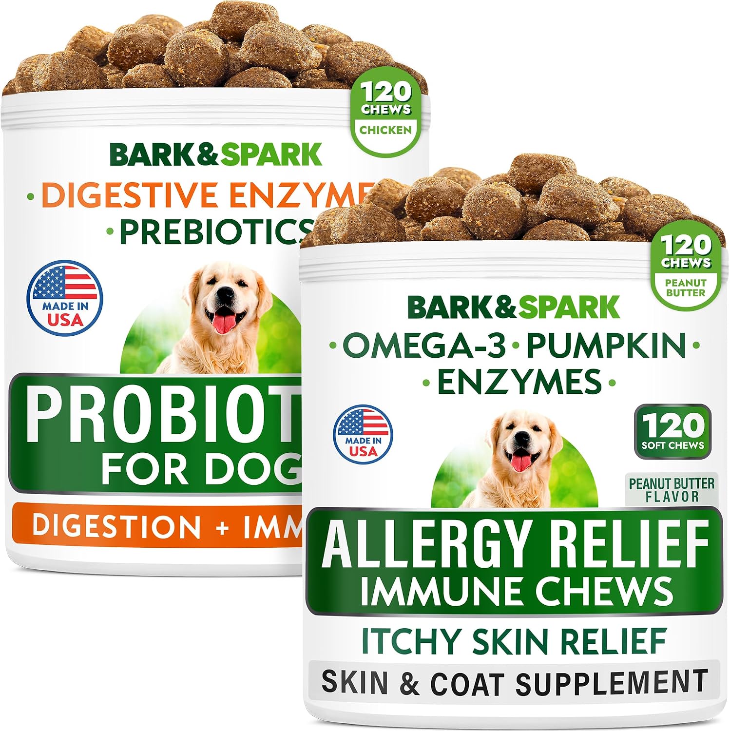 Allergy Relief Dog Treats + Probiotics Bundle - Itchy Skin Relief + Gas, Diarrhea Relief - Omega 3 + Pumpkin + Enzymes + Prebiotics - Seasonal Allergies + Improve Digestion - 240 Chews - Made in USA