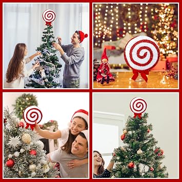 Gejoy Christmas Candy Tree Topper Peppermint Candy Cane Christmas Tree Toppers 10.2 Inch Candy Swirl Christmas Ornament Glitter Xmas Tree Topper for Holiday Party Festive Home Decor