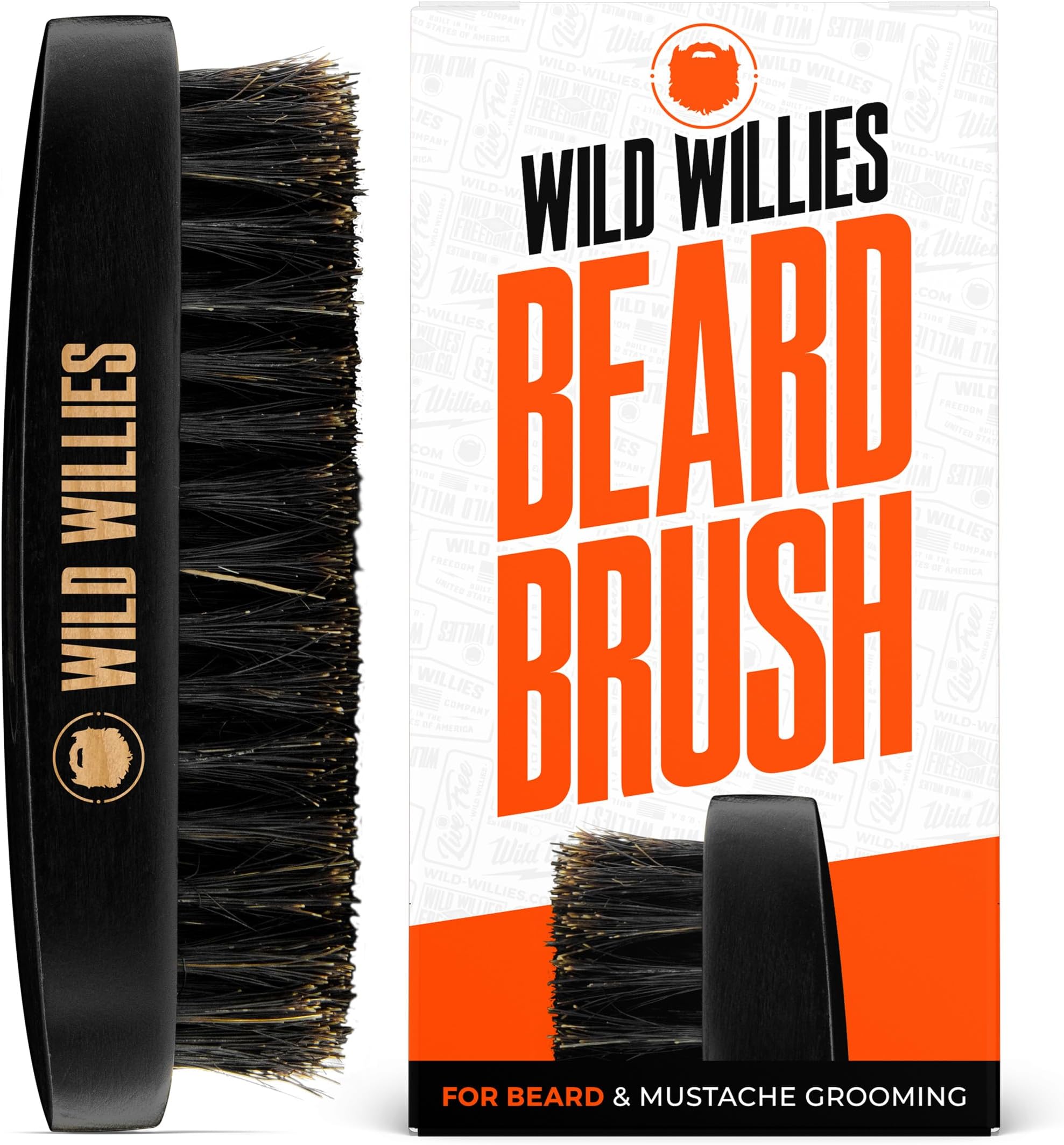 Wild Willies Natural Boar Bristle Beard Brush for Men - Professional Beard and Mustache Grooming Brush with Ergonomic Wooden Handle - Small Travel Pocket Size Beard Detangler, Smooth, Soft