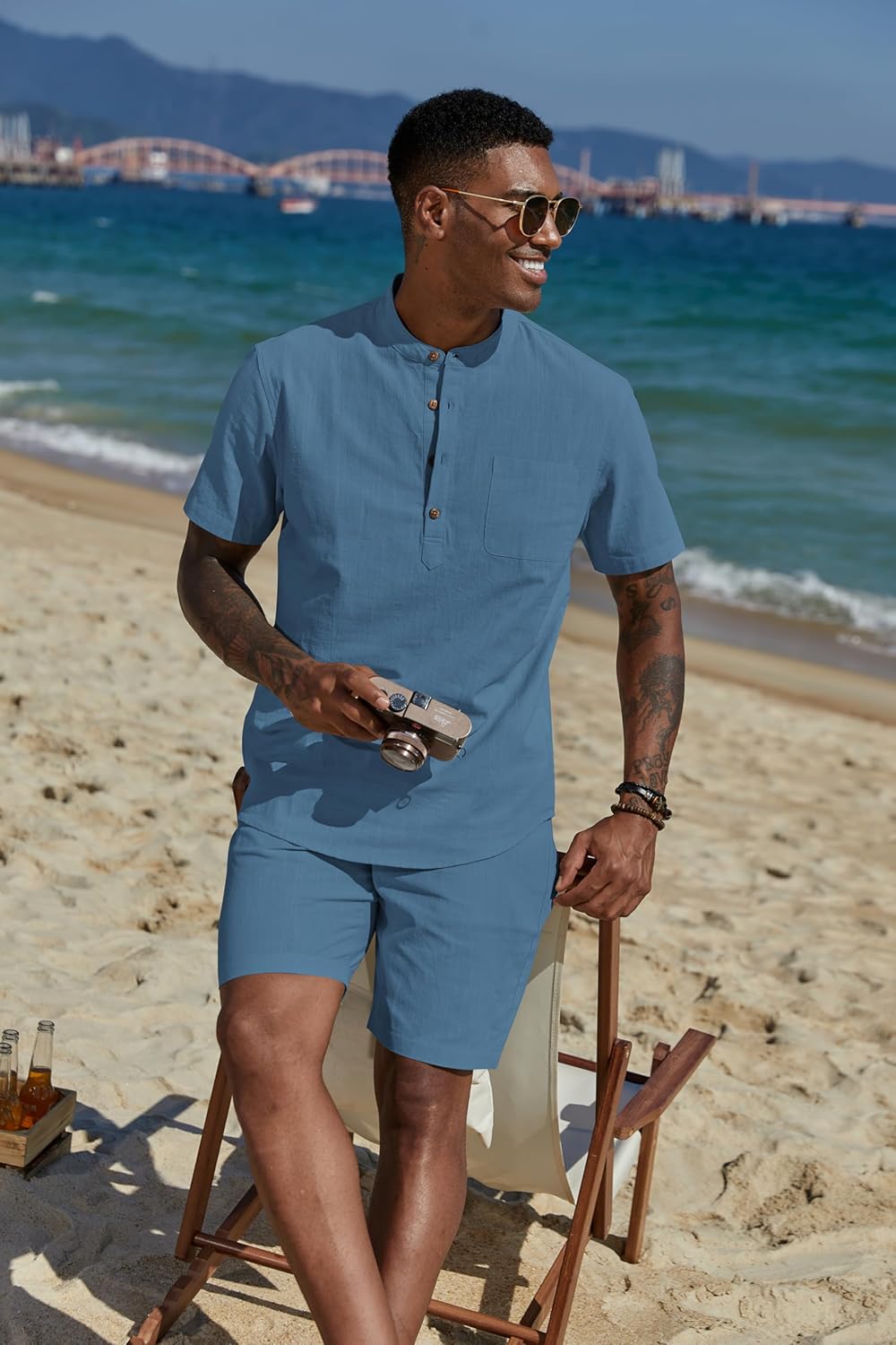 COOFANDY Men's 2 Piece Cotton Linen Sets Summer Beach Outfits Casual Short Sleeve Henley Shirts and Vacation Shorts - Image 2