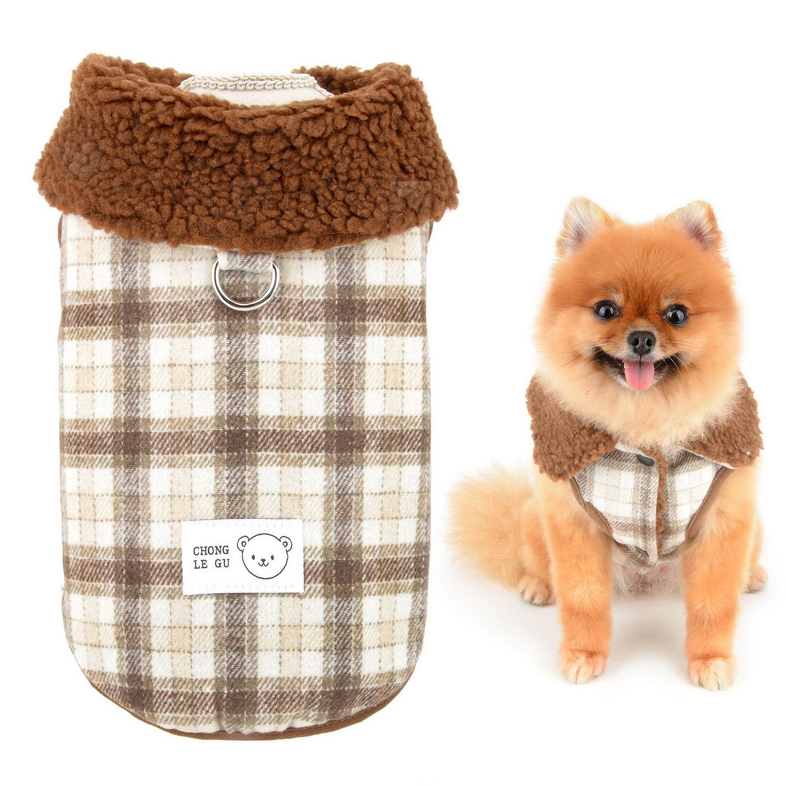 SMALLLEE_LUCKY_STORE Fleece Lined Dog Coat for Small Dog, Plaid Pet Vest with Leash Ring and Fuzzy Collar, Cold Weather Jacket Winter Fall Sweater Chihuahua Yorkie Cat Clothes, Brown, XS