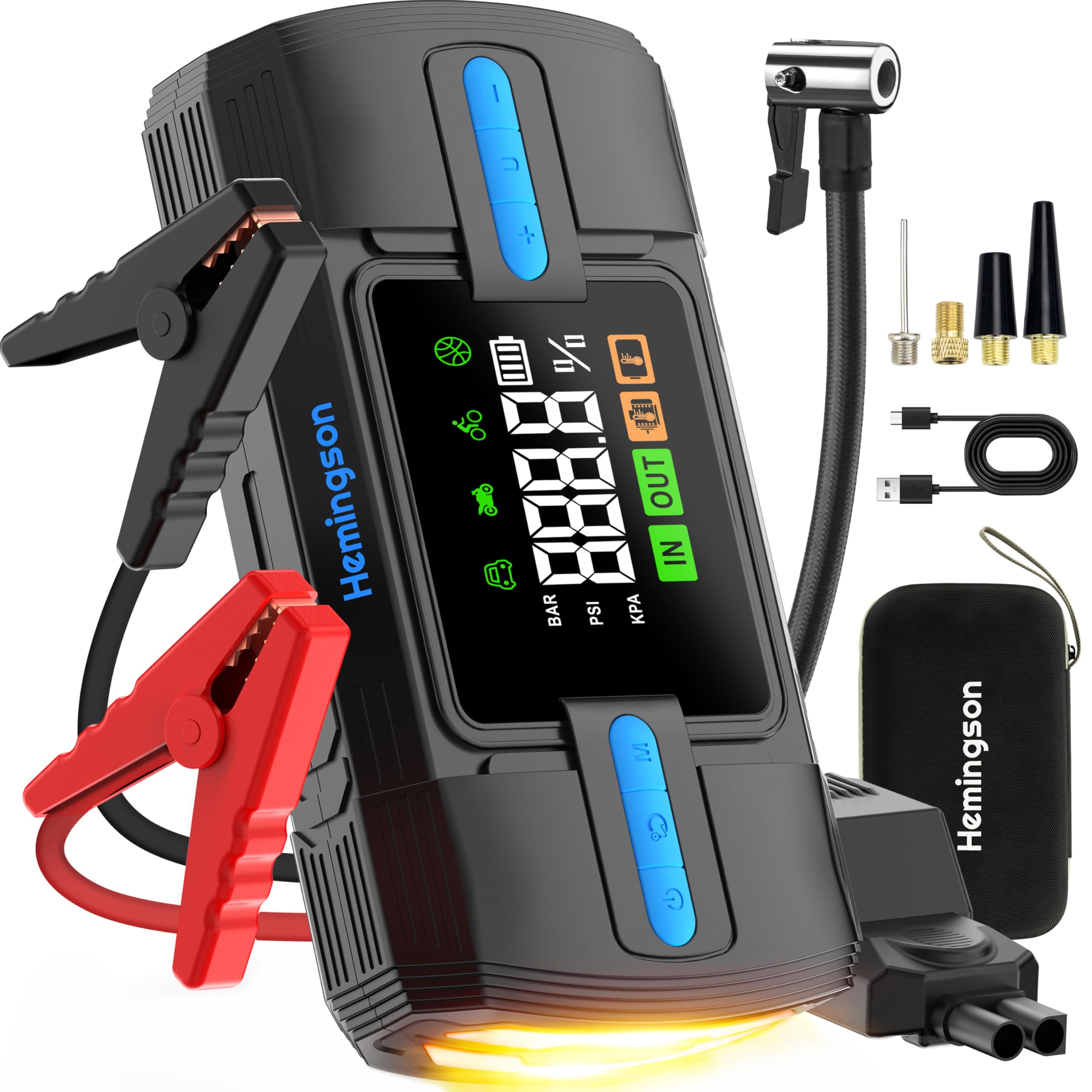 Jump Starter Power Pack with Air Compressor, 3000A Peak 160 PSI12V Car Jump Starter for up to 9.0L Gas/8.0L Diesel, Portable Battery Large LCD Display with LED Lights