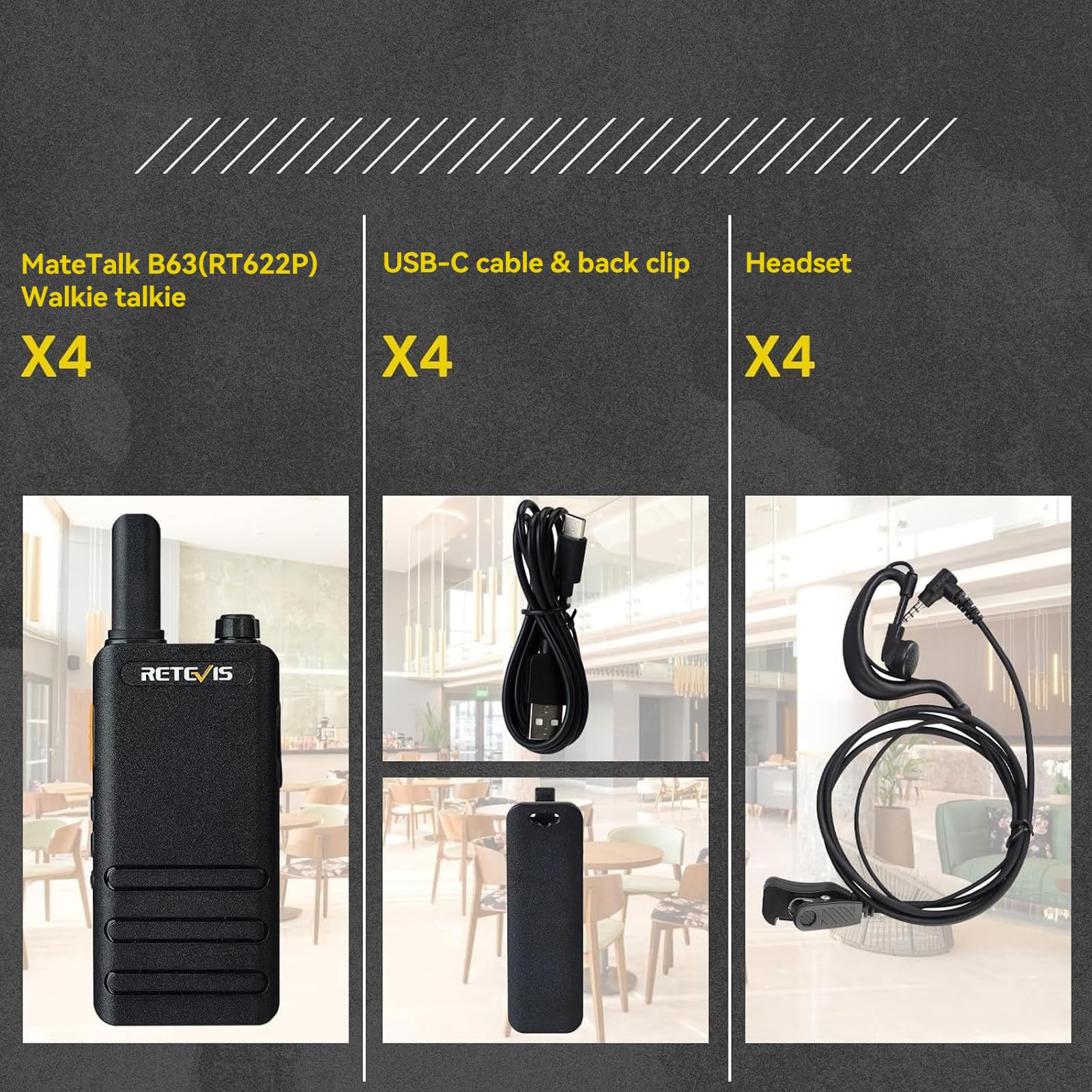 Retevis RT622P Walkie Talkie, 1620 mAh Ricaricabile Ricetrasmittenti USB-C Ultrasottile 15mm, VOX, Professionali Walkie Talkie Portatili con Auricolari per Ristoranti (4 Pezzi, Nero)