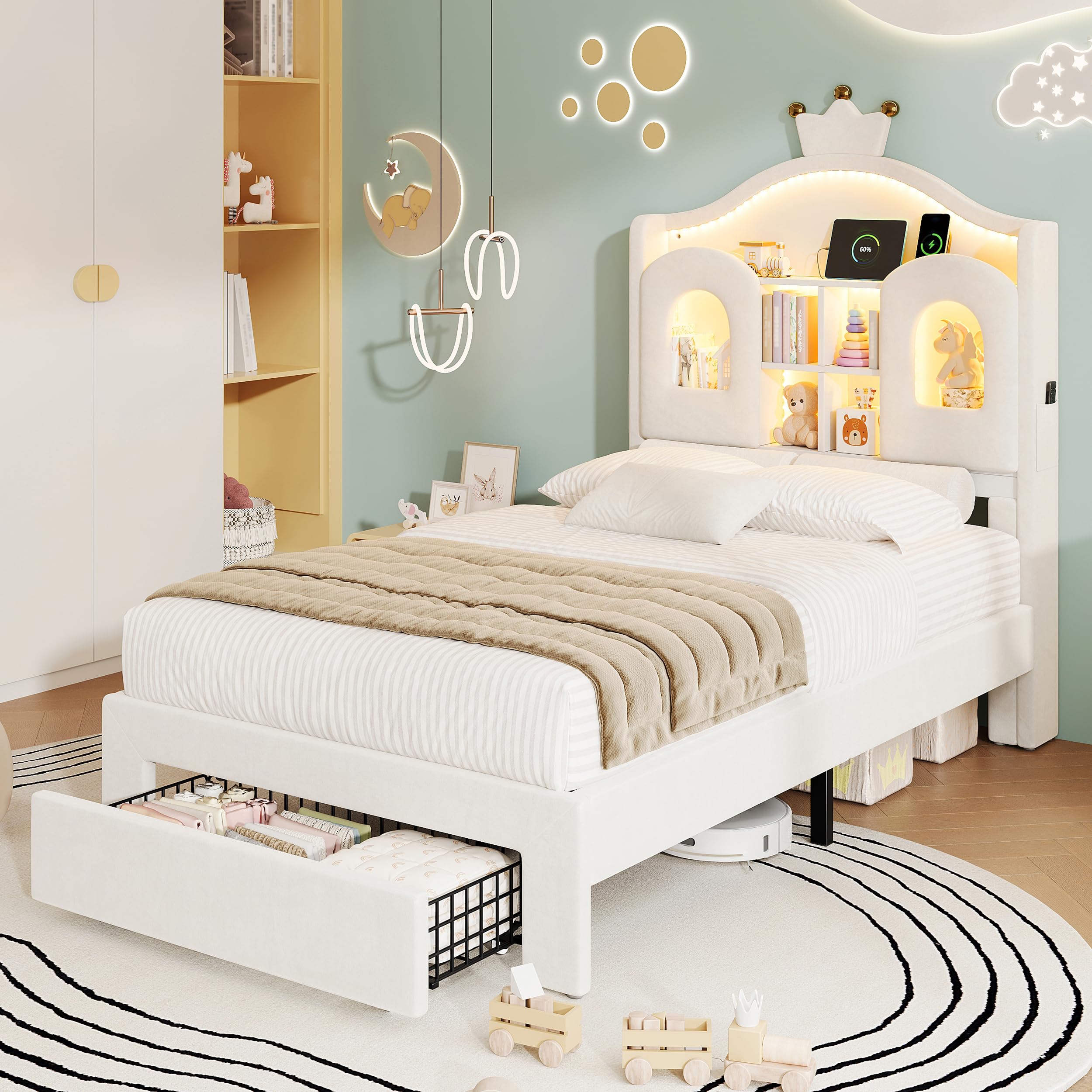 Merax 3ft Single Velvet Bed Frame with Storage Headboard, Beige โ image 1