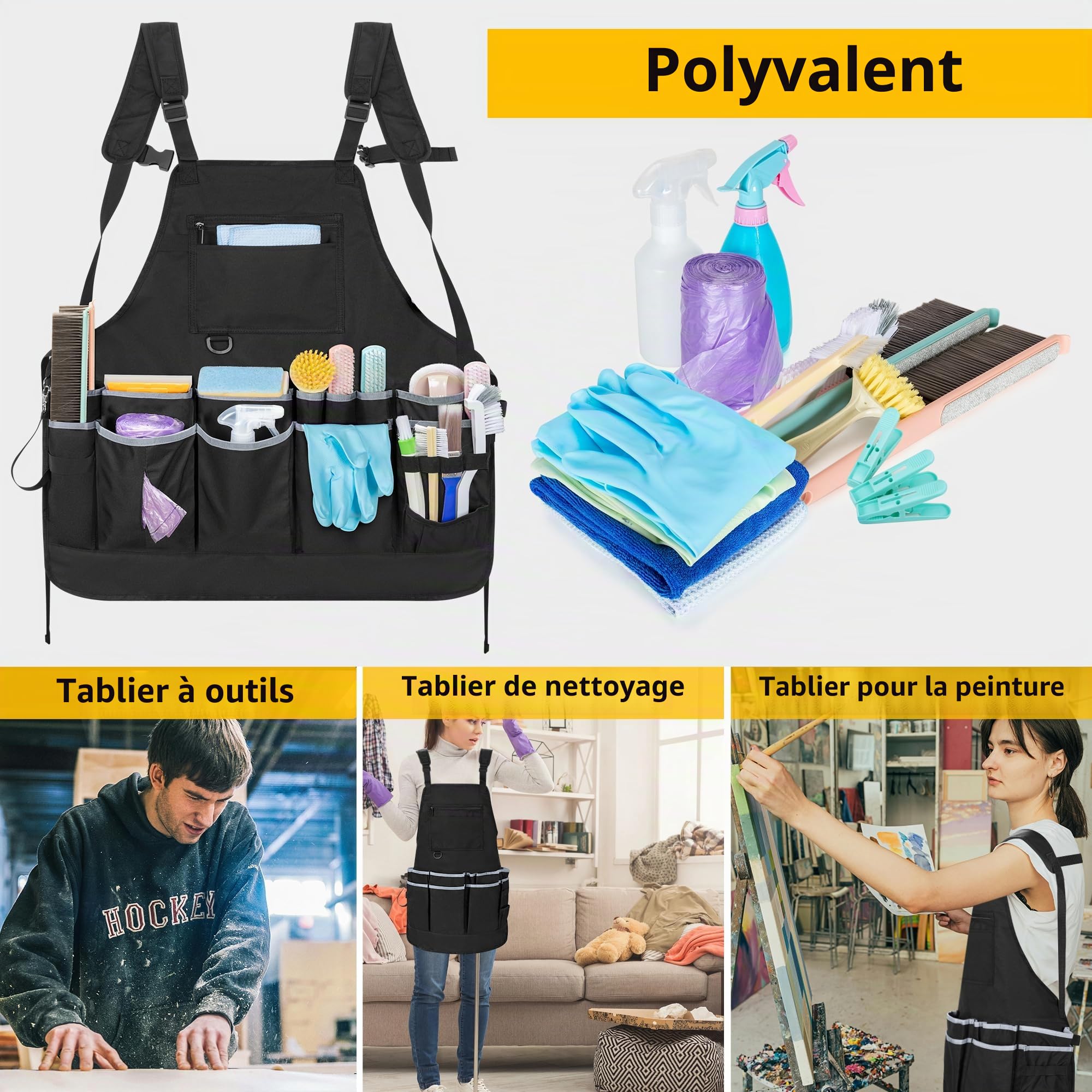 Rexmica Tablier de Nettoyage pour Le Ménage, Tablier de Ménage Résistant à L'eau avec Multi-poches pour homme et femme, Tabliers de Travail Réglable pour le Nettoyage, Noir