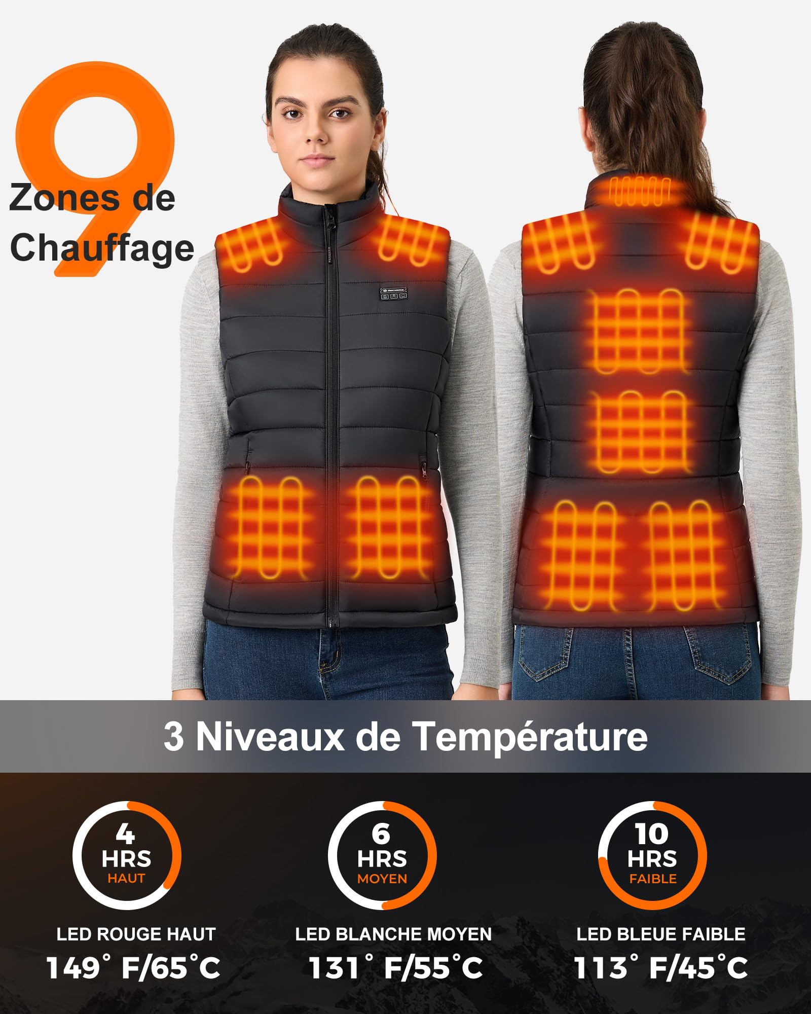 Gilet Chauffant Femme avec Batterie incluse 16000mAh 7.4V, Léger Gilet Chauffant Electrique, Veste Chauffante Femme pour Sports en Plein Air Hiver