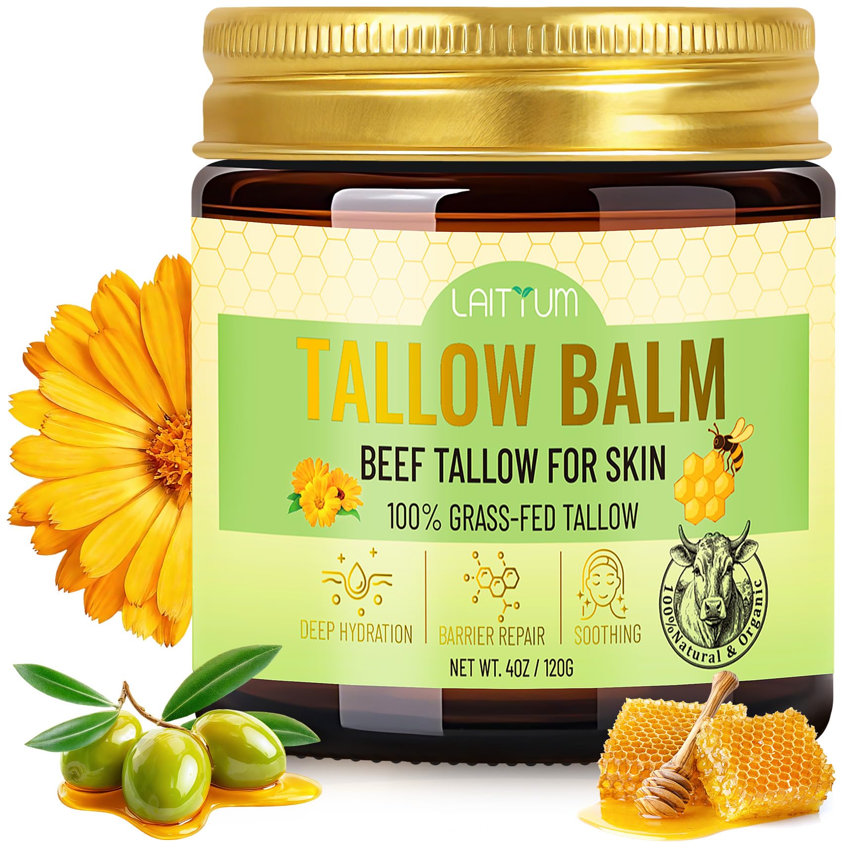 LAITYUM Beef Tallow for Skin -4oz Organic Tallow and Honey Balm for Face Moisturizer,100% Grass Fed Beef Tallow Cream,Natural Whipped Tallow Balm