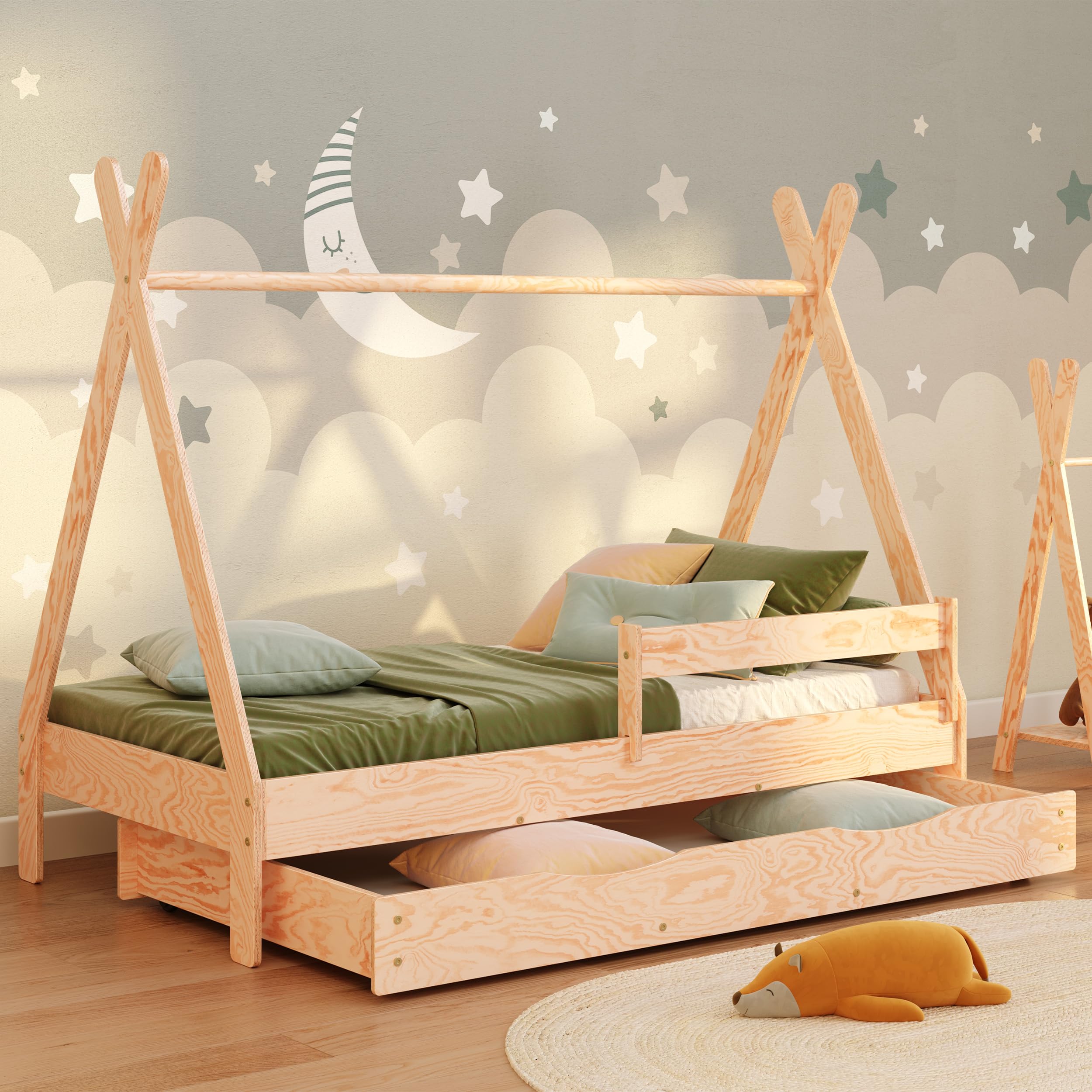 smartwood Letto Casetta Bambini 80x160 cm - Letto Singolo con Cassetto TIPI D in Legno di Pino FSC con Sponda Anticaduta e Reta a Doghe Fino a 230 kg - Per Bambino e Bambina - Montaggio Facile