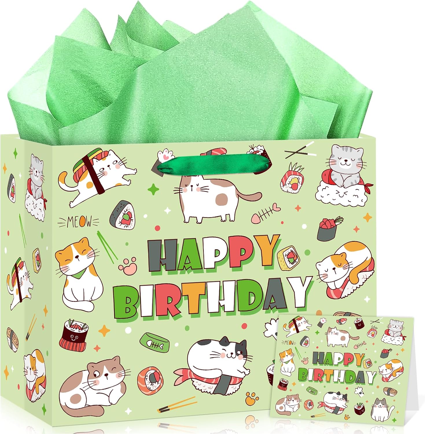 Kawaii Cats Birthday Decorations Gift Bag Sushi Kitty Japanese Gift Bag with Japanese Wrapping Paper Greeting Card for Girls Boys Cats Pet Lovers Meow Birthday Party Baby Shower Supplies Decor
