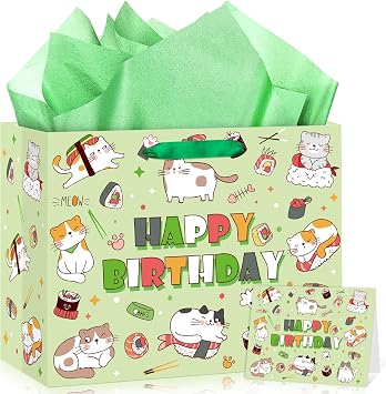 Kawaii Cats Birthday Decorations Gift Bag Sushi Kitty Japanese Gift Bag with Japanese Wrapping Paper Greeting Card for Girls Boys Cats Pet Lovers Meow Birthday Party Baby Shower Supplies Decor