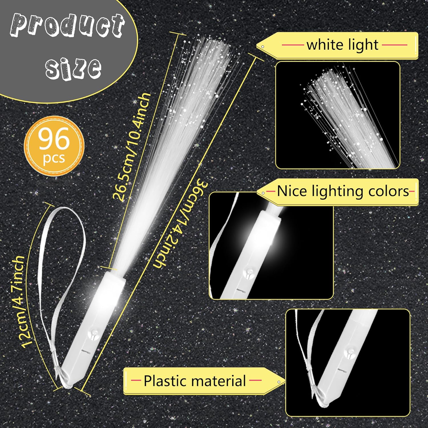 96 Pcs White Fiber Optic Wands LED Glow Fiber Stick Light Up Optic Wand Glow in The Dark Fibers Wands with 3 Light Modes for Wedding Club Carnival Party Birthday Concerts Favors