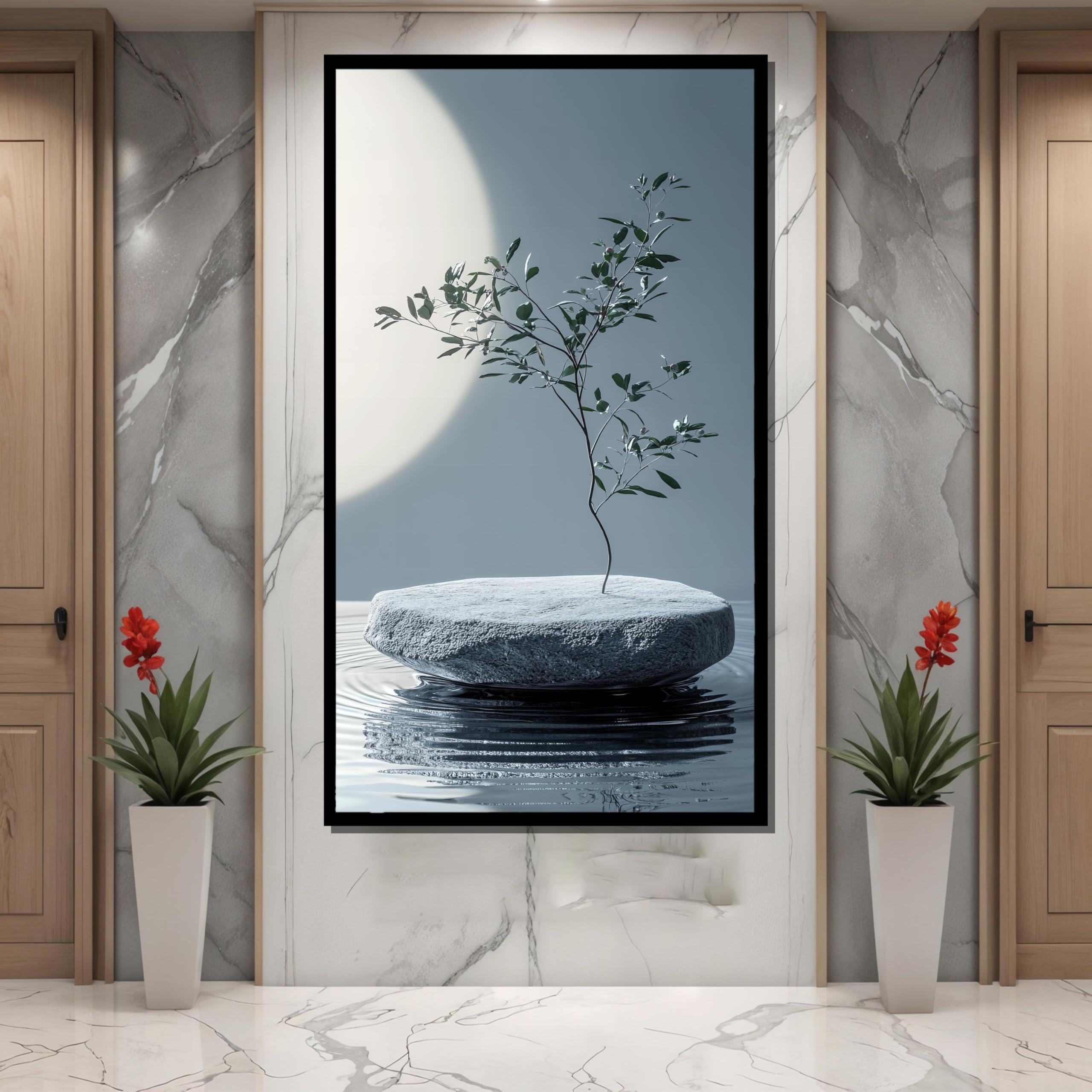 TONGYINLI Minimalistyczny obraz zen na płótnie, obrazy z kamienia roślinnego, nowoczesna sztuka ścienna, do salonu, nowoczesna dekoracja domu (43 x 86 cm)