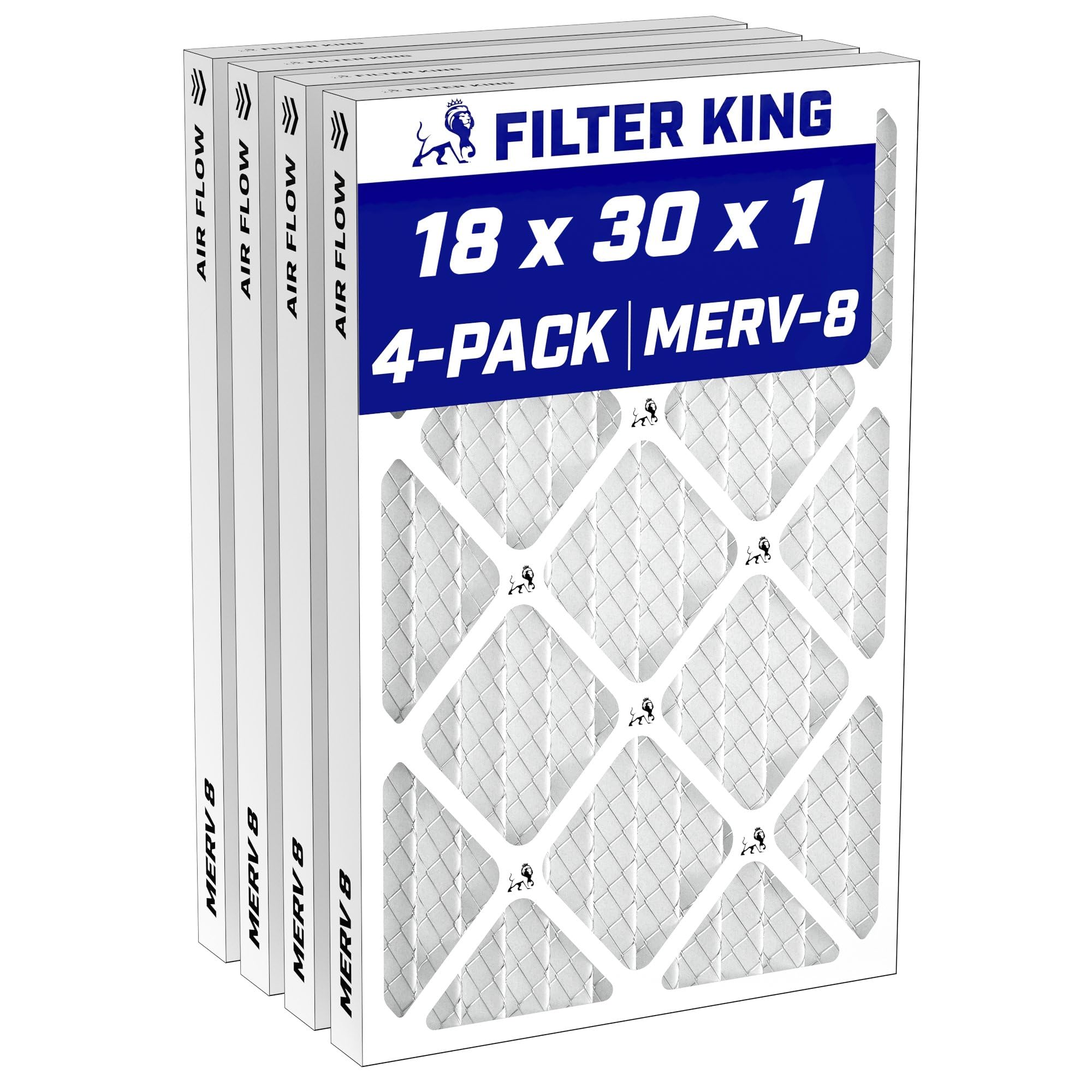 Filter King 18x30x1 Air Filter MERV 8, AC Furnace Filters (4-Pack) | Dust & Allergy Control (Actual Size: 17.5 x 29.5 x .75)
