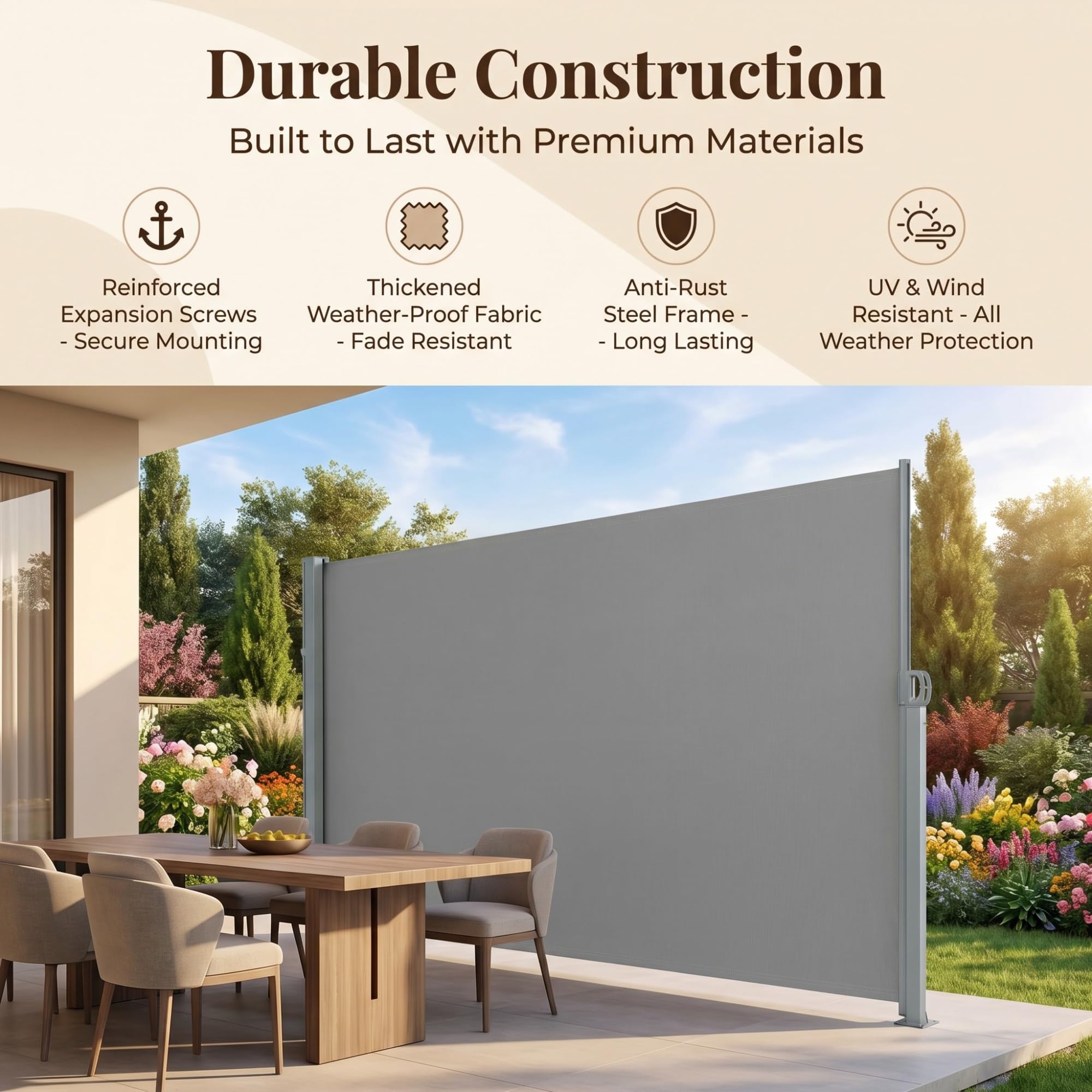Auvent de terrasse rétractable avec accessoires de montage, brise-vue extérieur et pare-soleil pour balcon, terrasse, tonnelles et abris