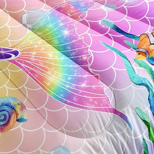Miniatura 6 de Datura home Juego de edredón de cama con estampado de cola de sirena rosa arcoíris con 1 y 2 fundas de almohada para dormitorio de niñas para todas