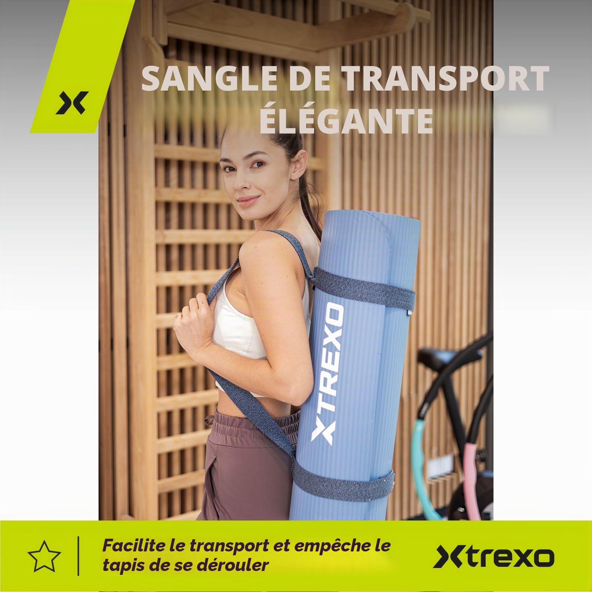 TREXO Tapis d'Exercice en NBR 183 x 61 cm Matériau Exceptionnellement Durable et Flexible 15 mm d'Épaisseur avec Structure Antidérapante dans l'Ensemble avec Sangle pour Porter