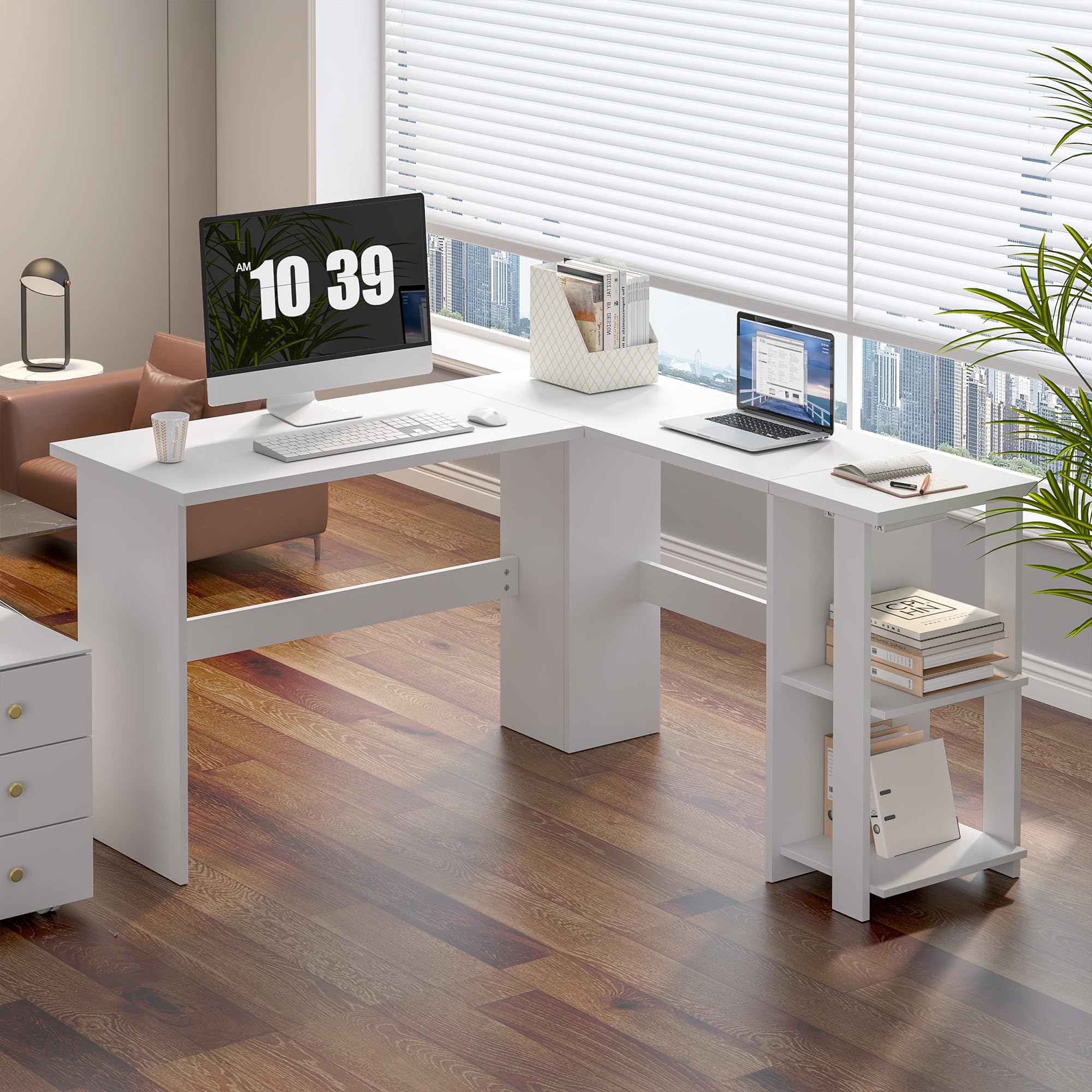 SogesHome Scrivania Angolare grande con 2 Ripiani Scrivania per Computer a Forma L Tavolo PC Robusto Postazione di Lavoro per Casa Ufficio Studio,130 cm x 136 cm