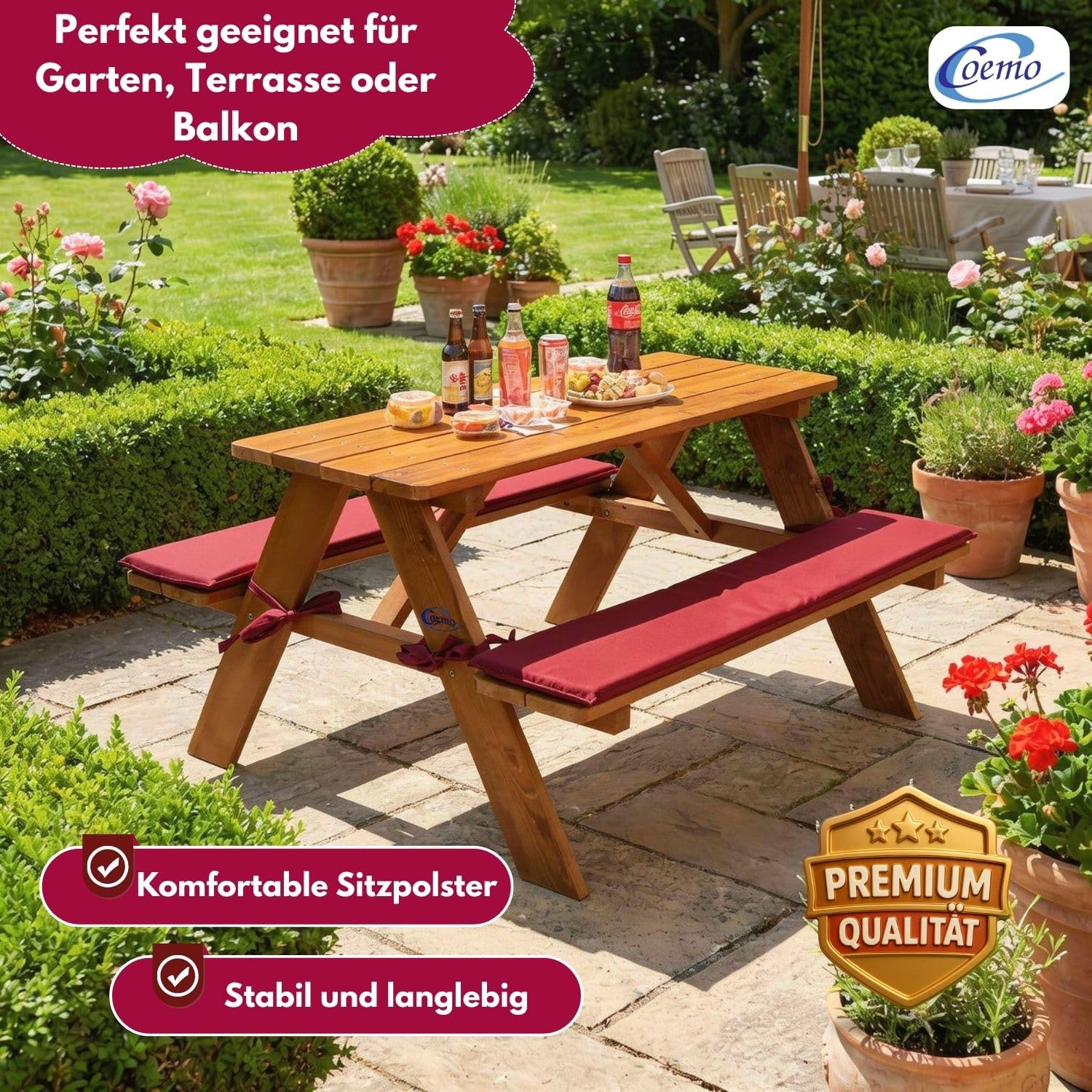 Coemo Robuste Kinder-Sitzgarnitur Outdoor mit 2 Polster Picknicktisch Kindersitzgruppe Kindertisch für Garten und Balkon Spieltisch Gartentisch Holz (Rotbraun, 89x79x50cm)