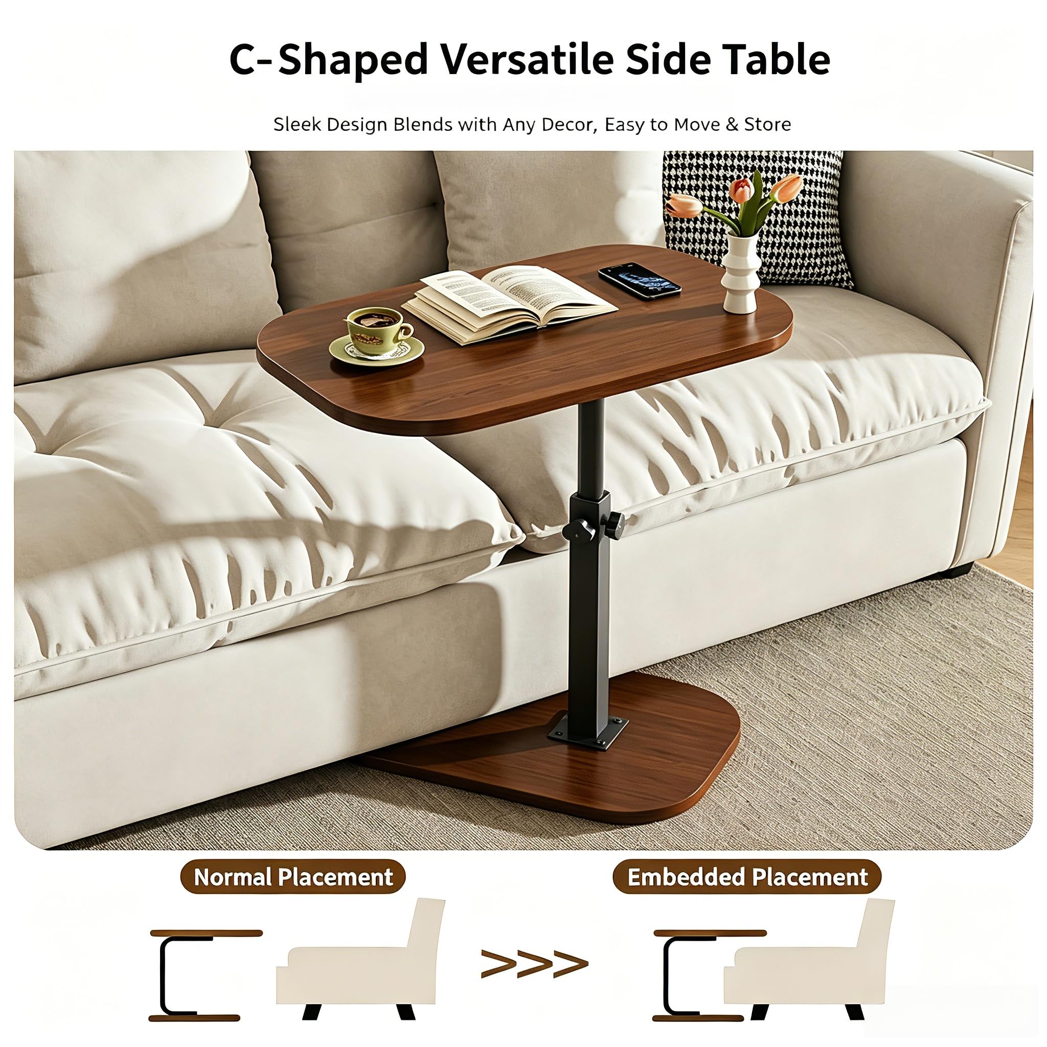 Tavolino a forma di C regolabile in altezza (legno) | Tavolo per laptop girevole a 360°, inclinabile, per divano e letto, altezza regolabile da 45 a 80 cm, con barra antiscivolo