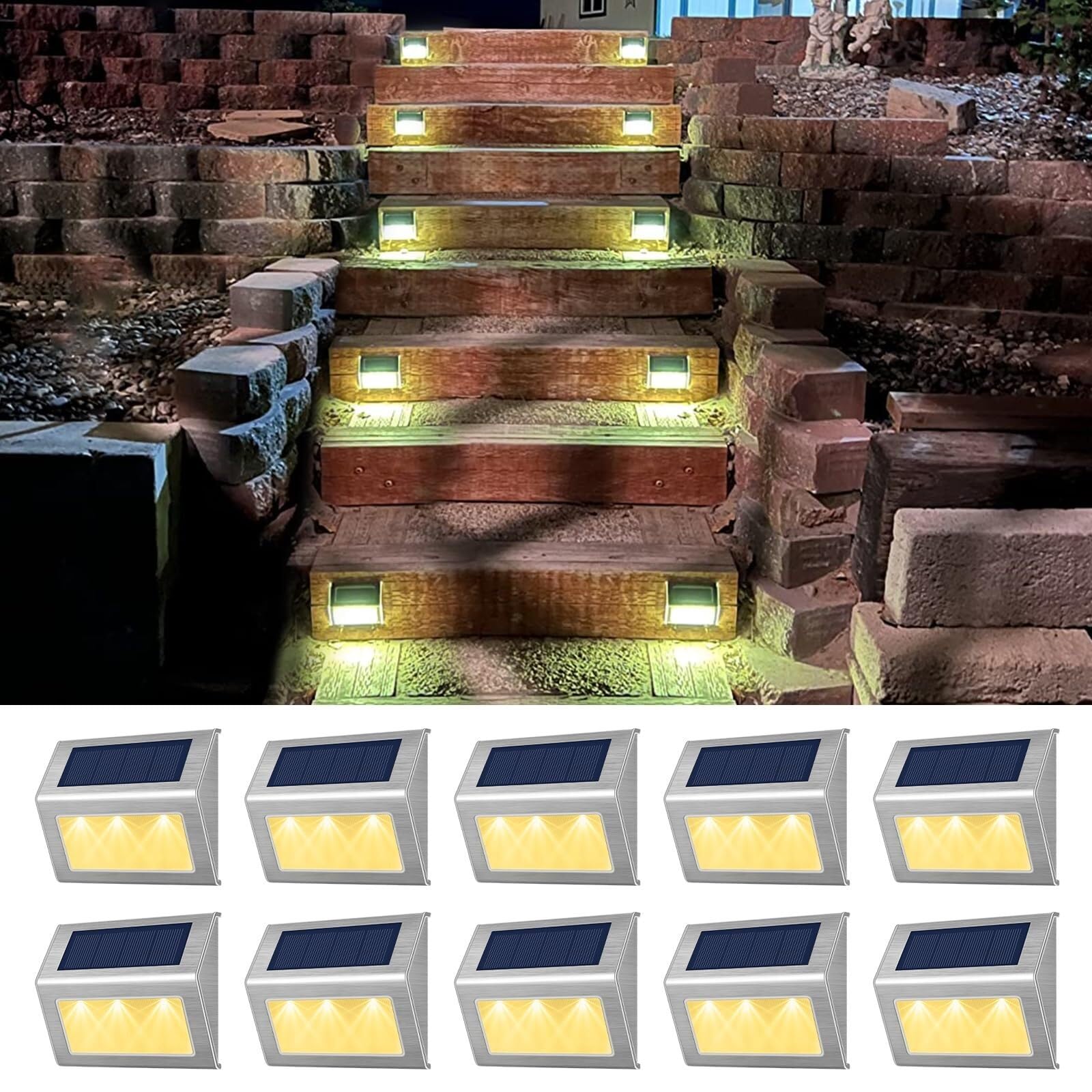 Foco Led Exterior, Paquete de 10 Luces solares for Cubierta,Acero Inoxidable,Luz Solar LED for Escalera,Lámparas de Seguridad for Exteriores Impermeables