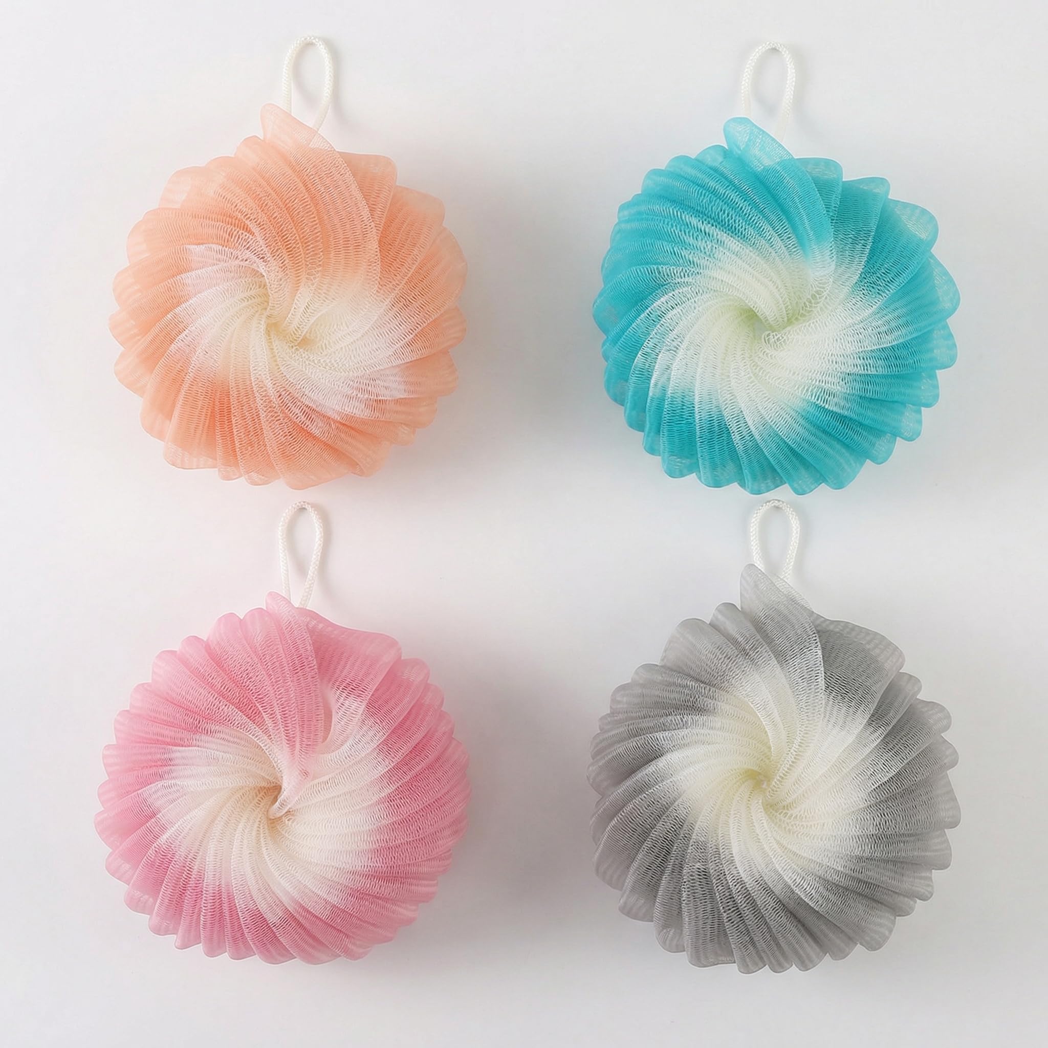 Bath Sponge Bubble Bath, 4 Pack 50g Large Water Balls Spiral Conch Shape Soft Mesh Flower Ball Two Tone Orange Gradient Shower Balls for Exfoliating Body Skin Showering and Deep Cleaning
