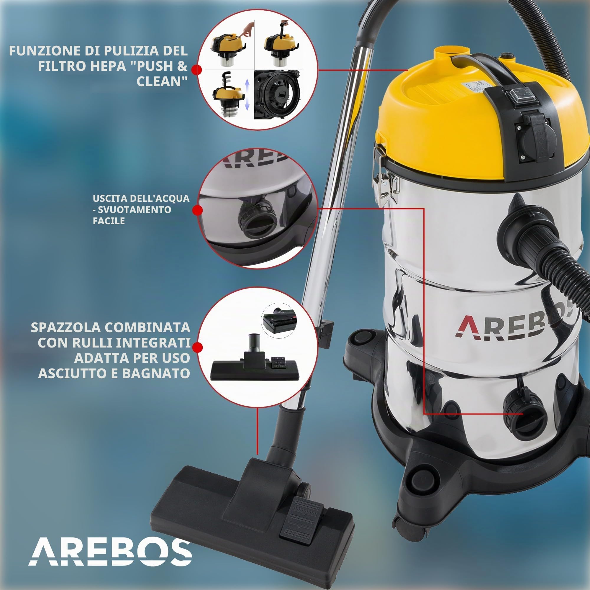 AREBOS Aspirapolvere industriale 1300 W secco e umido 30 L | Bidone aspiratutto e aspiracenere | Adatto per polvere, liquidi e pulizia auto | Giallo