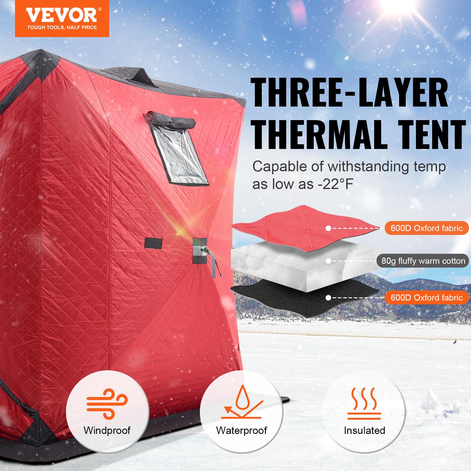 VEVOR Abri de Pêche sur Glace 1,8x1,8x2 m Tente Escamotable Portable Isolant Thermique Tissu Oxford