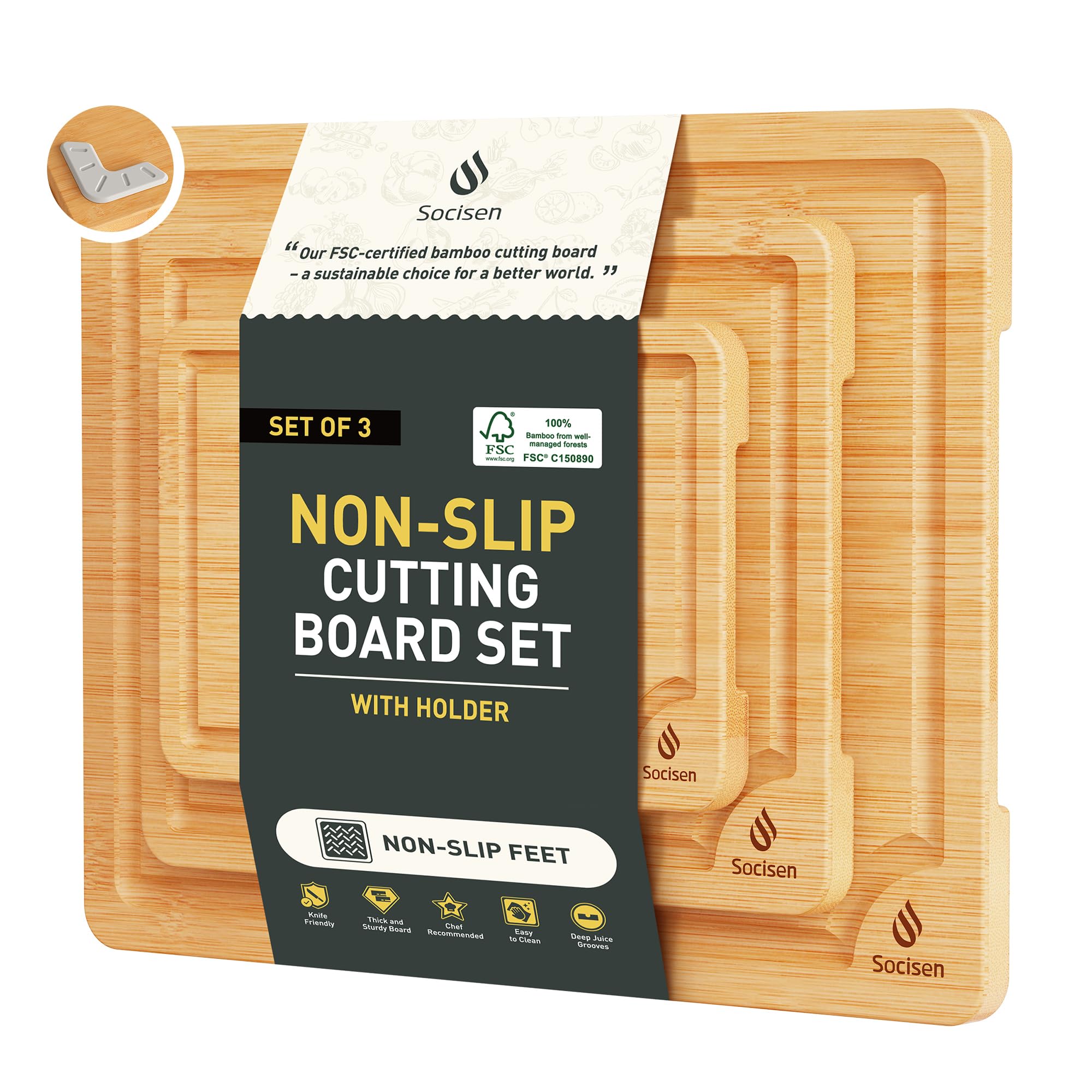 Bamboo Cutting Board Set Non Slip Feet with Holder Over Sink Kitchen Gadgets Charcuterie Chopping Board Apartment Essentials New Home Must Haves Things Stuff Accessories House Housewarming Gifts