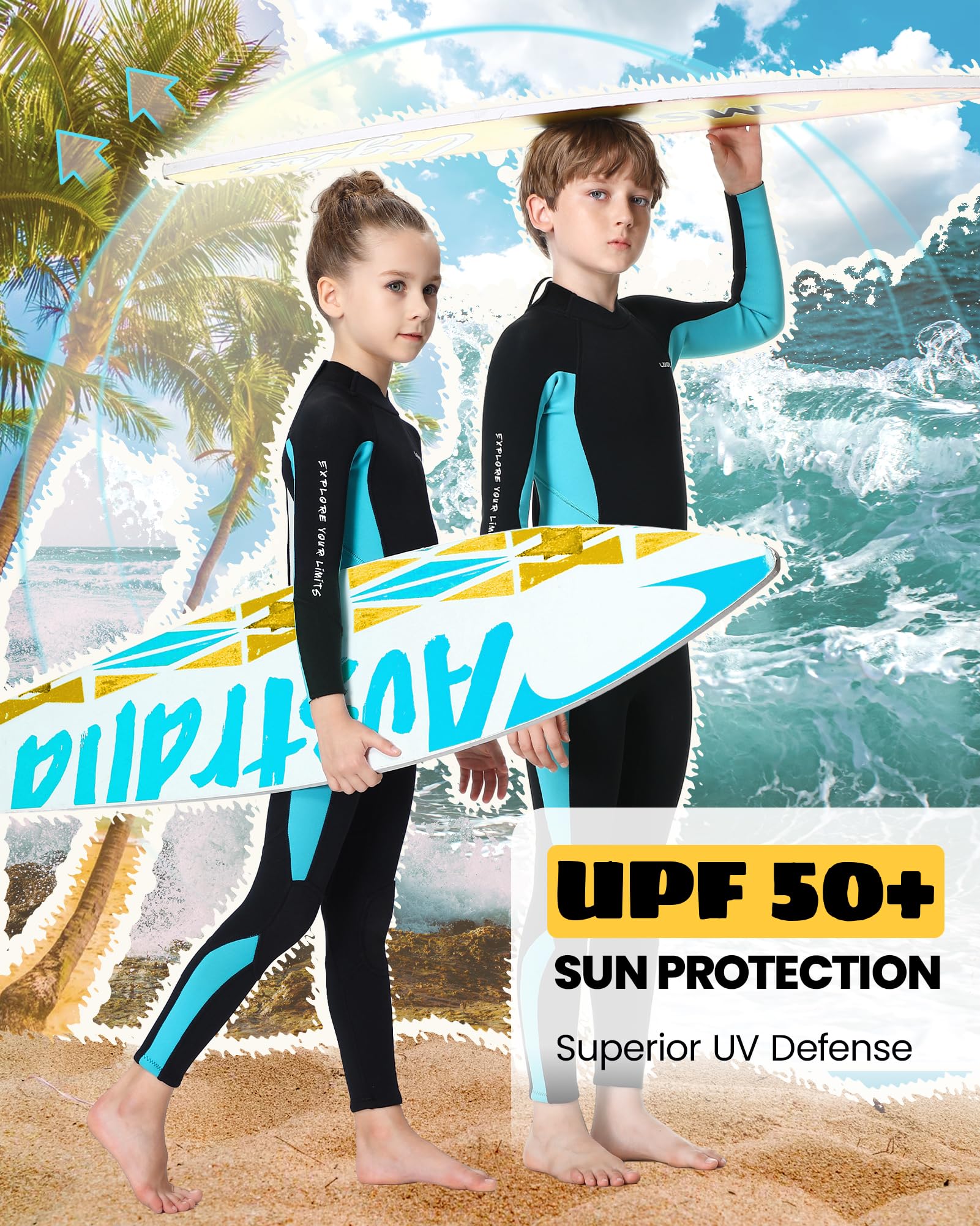3mm Kinder Neoprenanzug, Sicheres Design CR-Neopren, UV-Schutz, Rückenschleißverschluß für Schwimmunterricht für 6-15 Jahre Jungen und Mädchen, Ideale Thermal Neopren Langarm im kalten Wasser