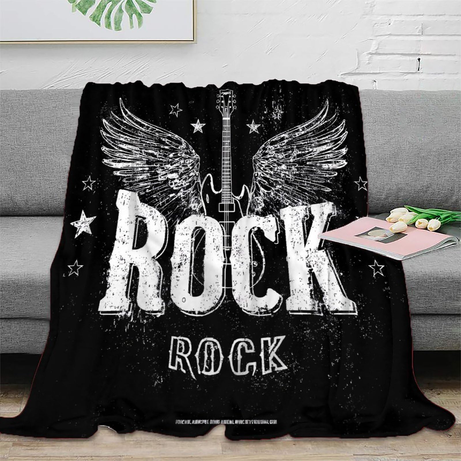 stampa 3D Rock guitar wings coperta da ufficio microfibra biancheria da letto morbida coperta da riposo calda lavabile in lavatrice per pause lavorative vintage rock poster 80×90inch(200x230cm)