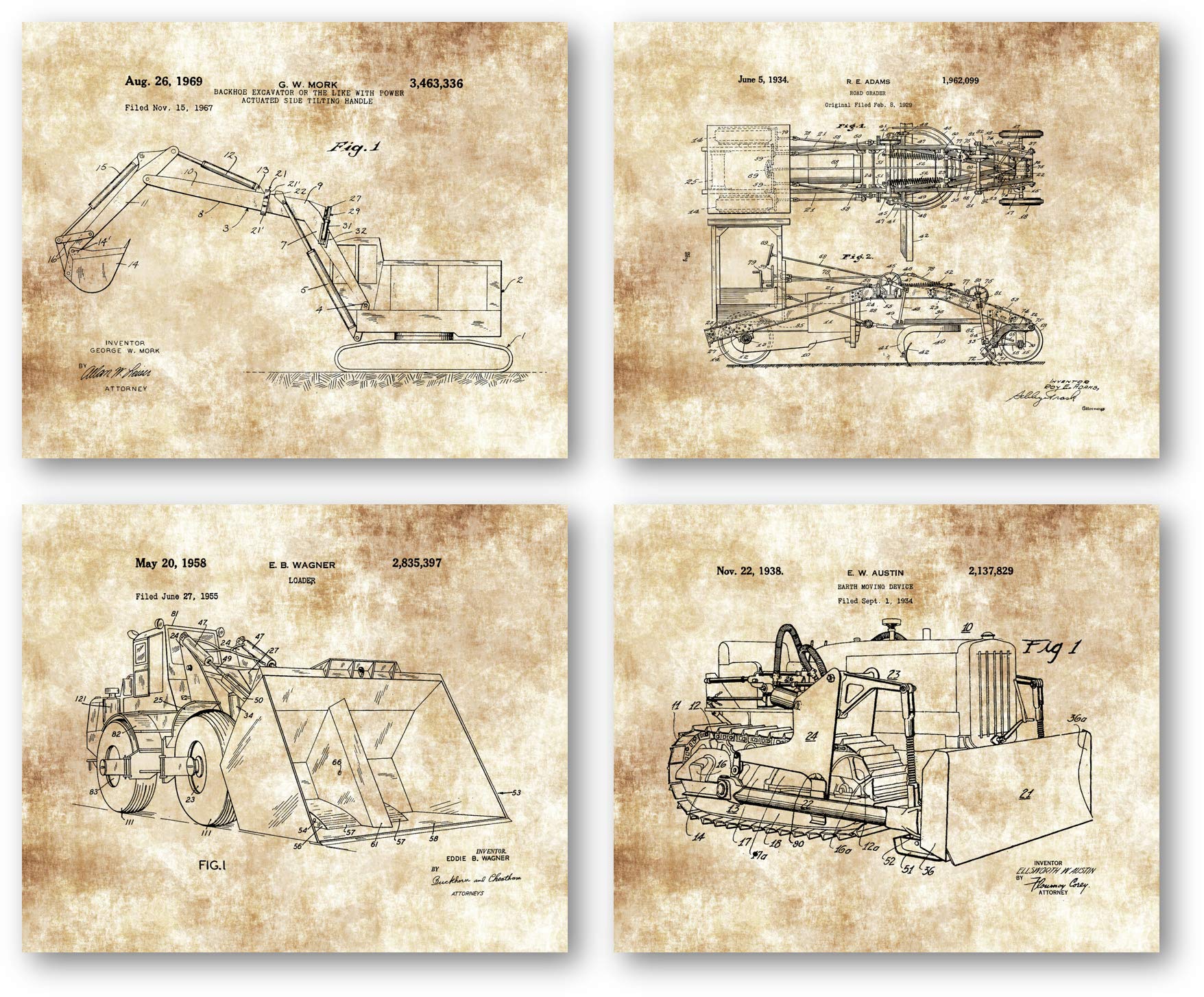 Ramini Brands Original Construction Vehicles Patent Art Drawings - Set of 4 8 x 10 Unframed Prints - Great Gift for Construction Workers - Worksite Trailer Decor