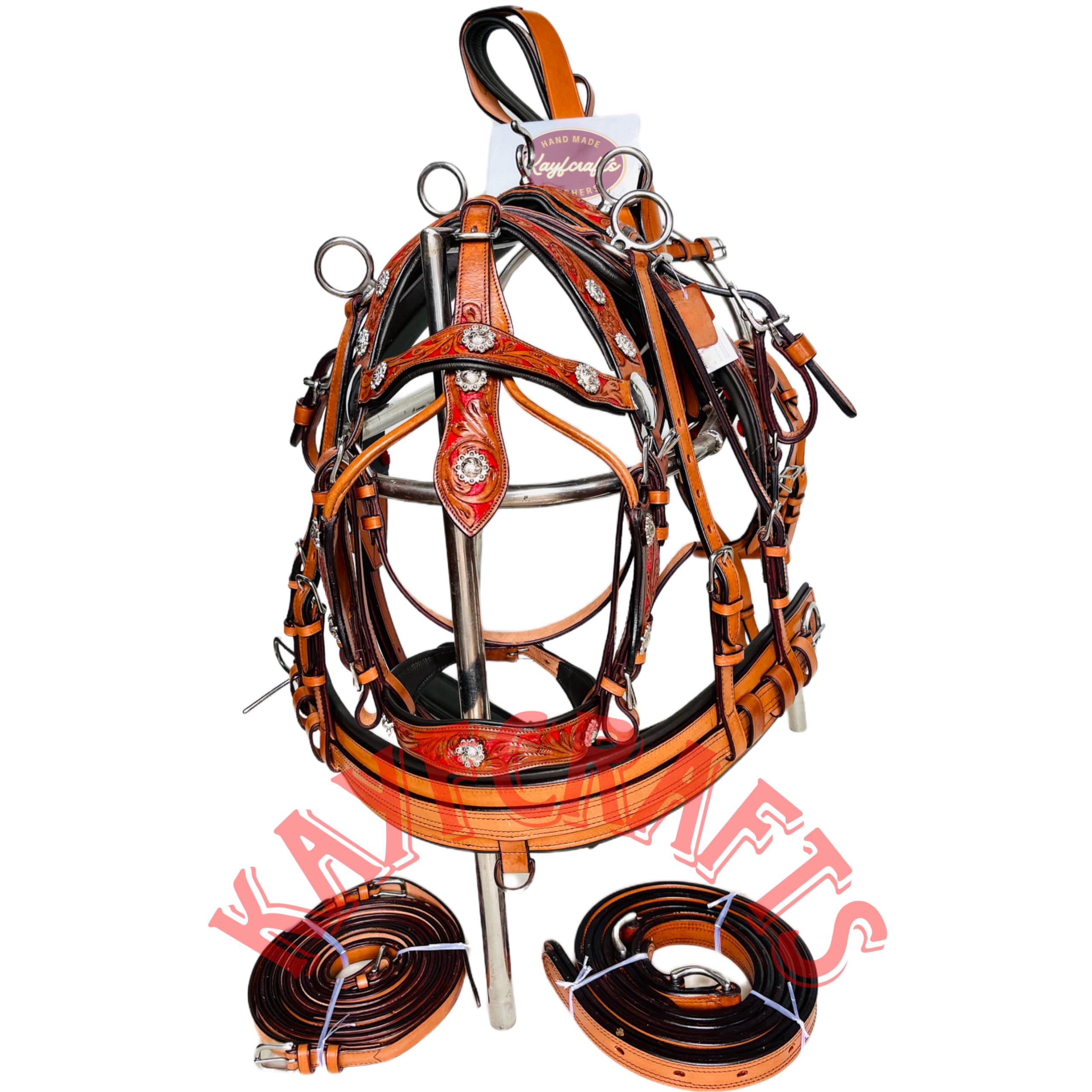 Kayfcrafts Adjustable Leather Horse Driving Harness Set 3-Tone Red Base Carriage Buggy (Cob)