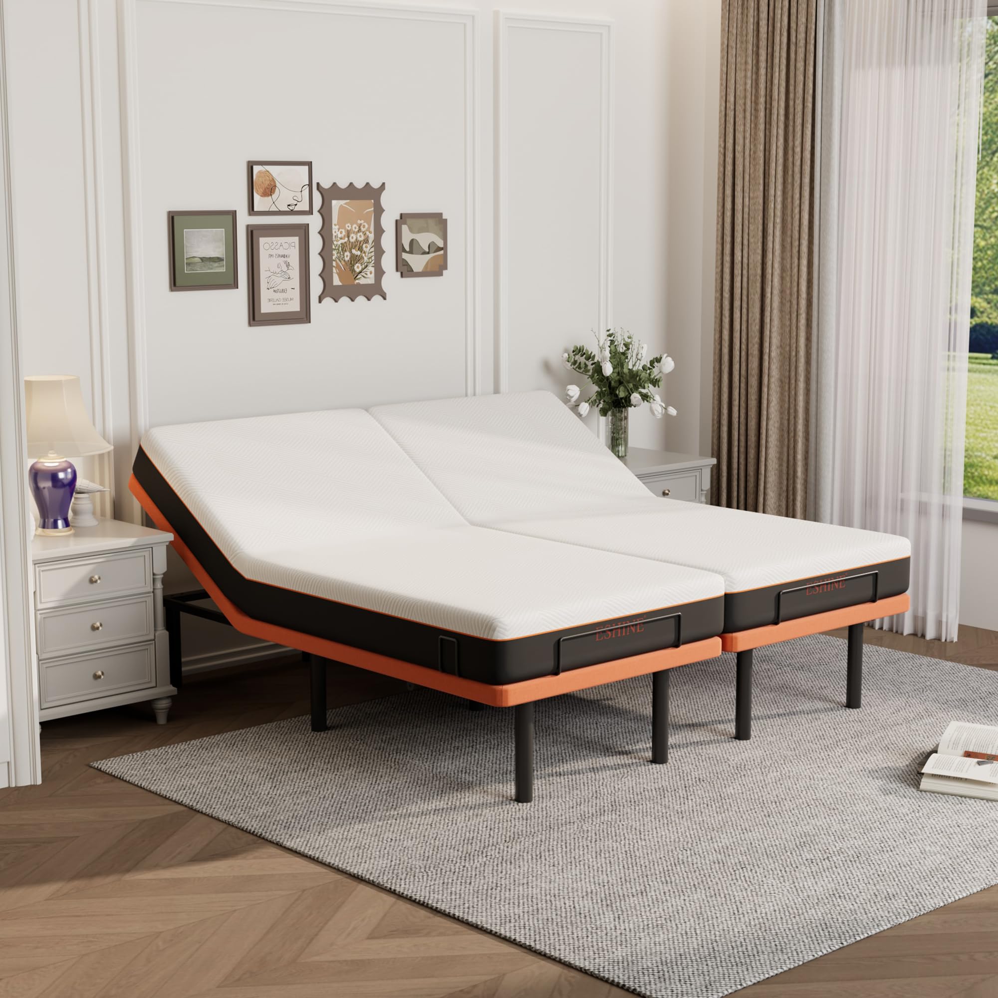 ESHINE Split King Adjustable Bed Frame with 8" Mattress, Wireless Remote
