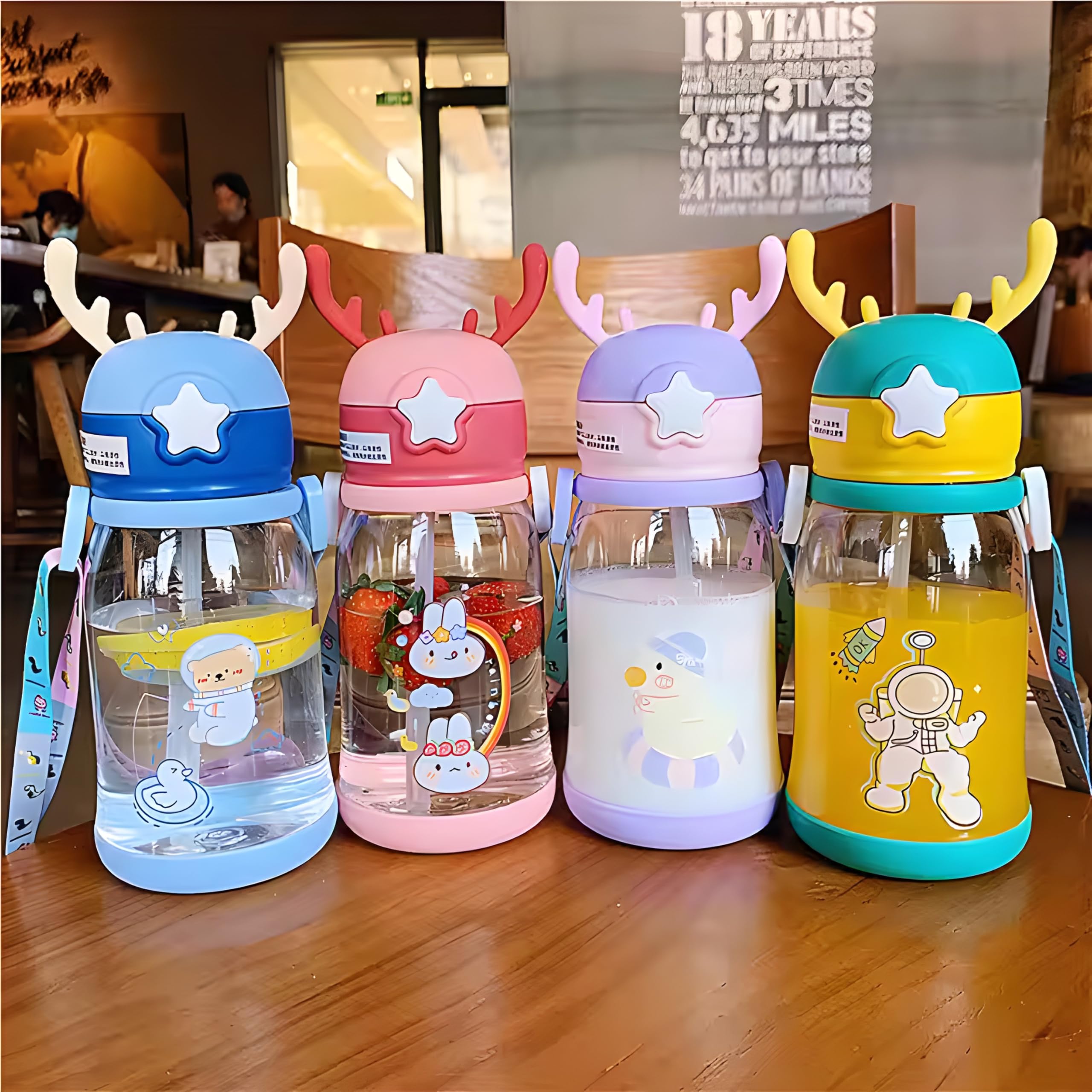 ToYooZe JHBK Cartoon Water Bottle with Straw for Kids, Cartoon Design Plastic Water Bottle, Cartoon water bottle for school kids, Water bottle for school kids (deer bottle)