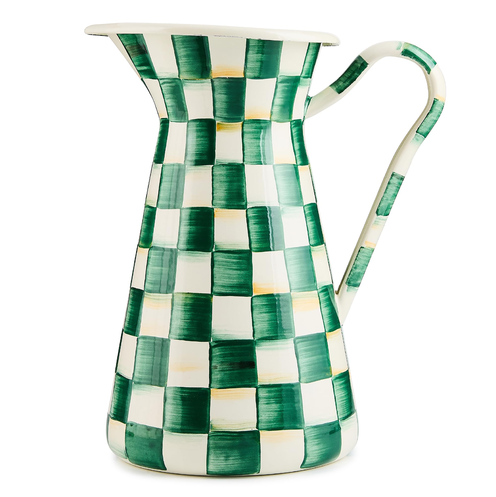 MACKENZIE-CHILDSPractical Enamel Pitcher with Spout, Drink Pitcher for Iced Tea or Water, Flower Vase, Large, Green-and-White Emerald Check