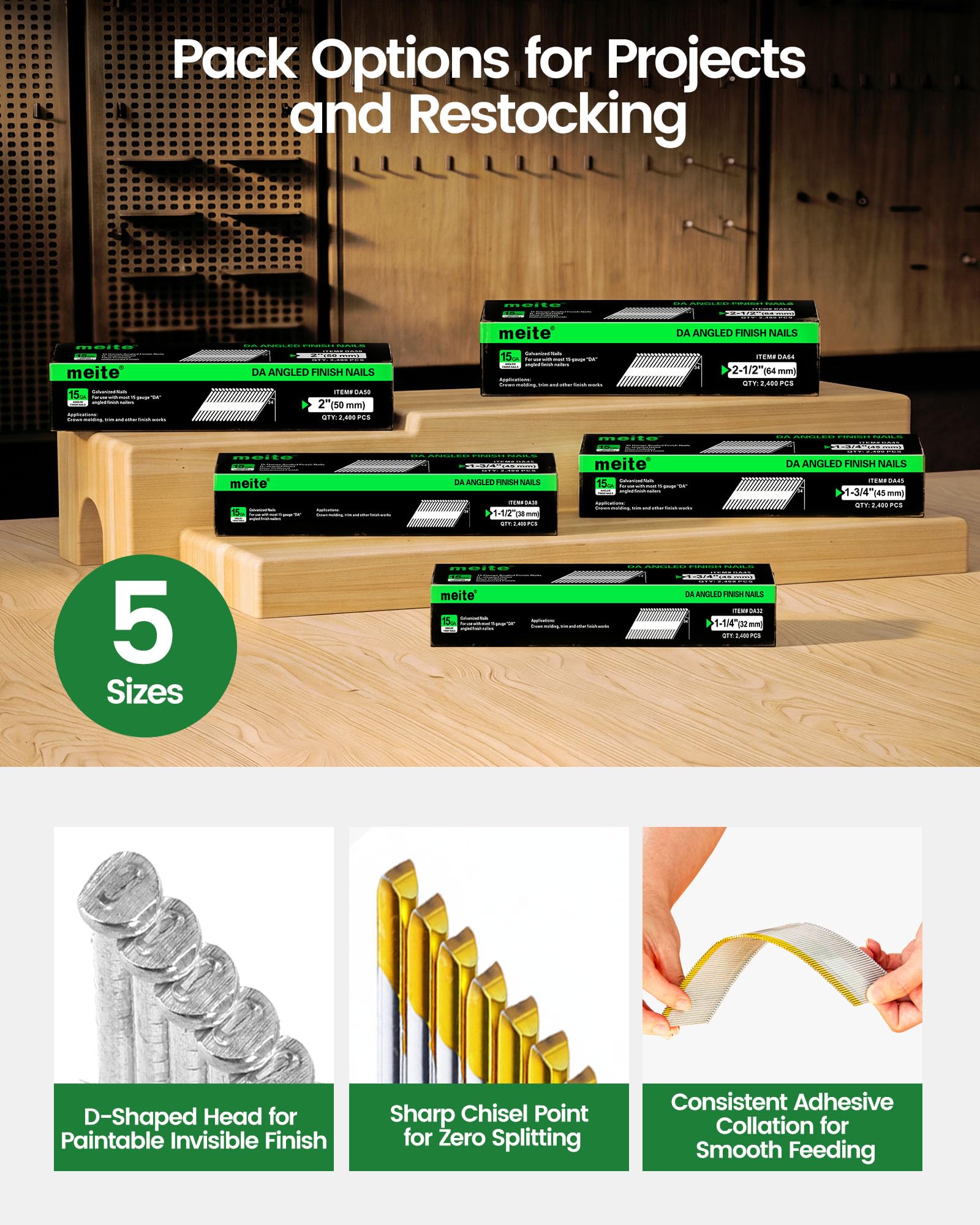 Meite 15 Gauge Angled Finish Nails - 2.5" (34 Degree) -4 Meite 15 Gauge Angled Finish Nails - 2.5" (34 Degree) -4