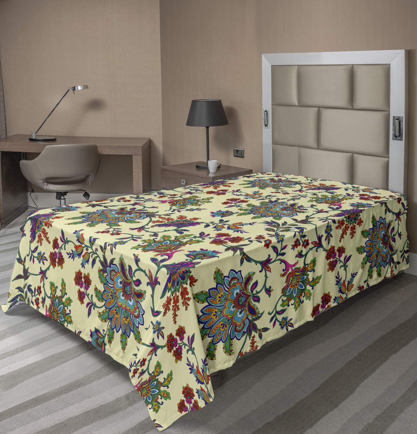 Lunarable Floral Flat Sheet, Graphic Traditional Oriental Flower Motifs Pattern Ornamental Design Colorful Print, Soft Comfortable Top Sheet Decorative Bedding 1 Piece, Twin Size, Multicolor