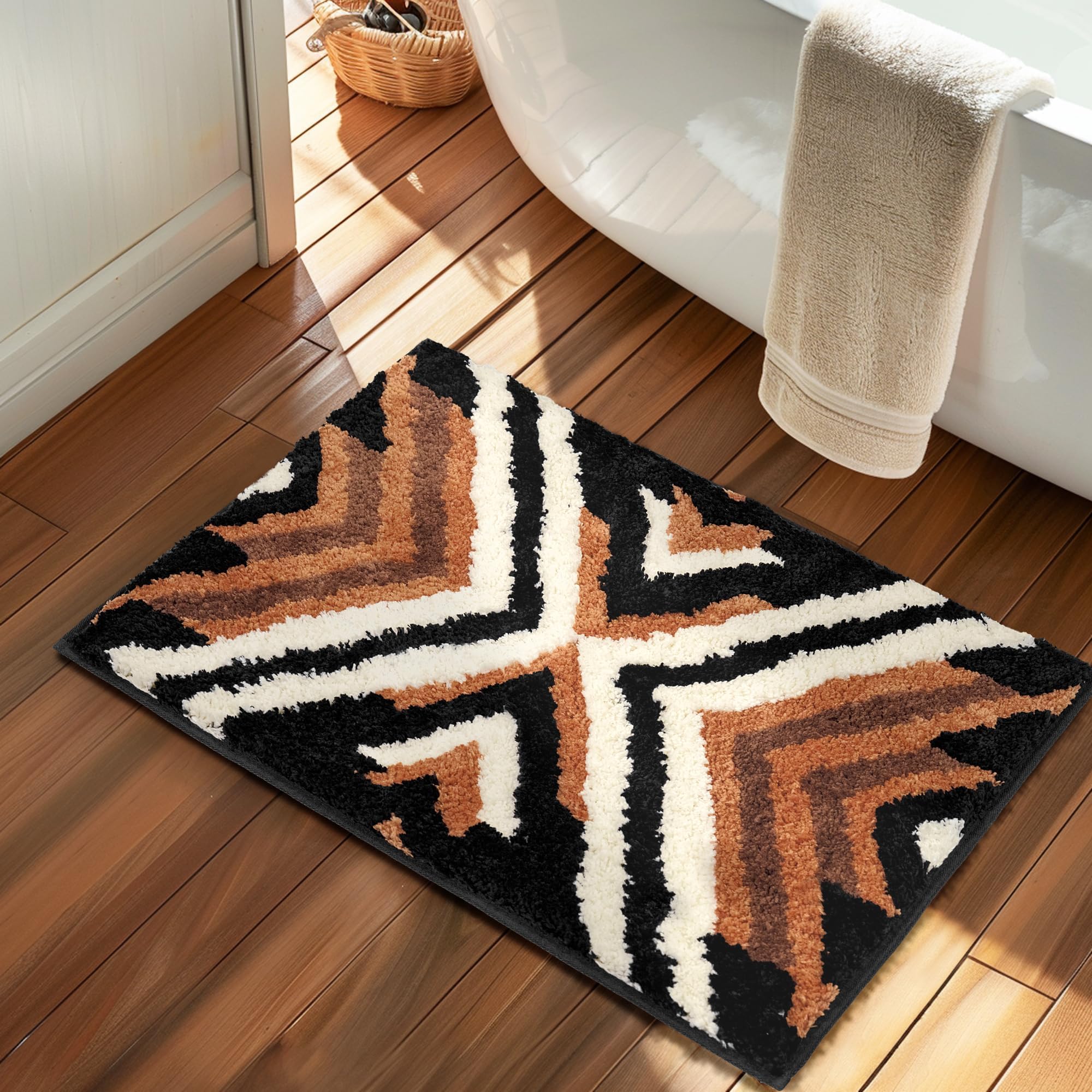 Tyrot Black Boho Small Bathroom Rugs Non Slip Washable Western Aztec Bath Mats Rugs for Bathroom Floor Fluffy Plush Soft Absorbent Farmhouse Carpet for Shower, 18x24 inch, Brown