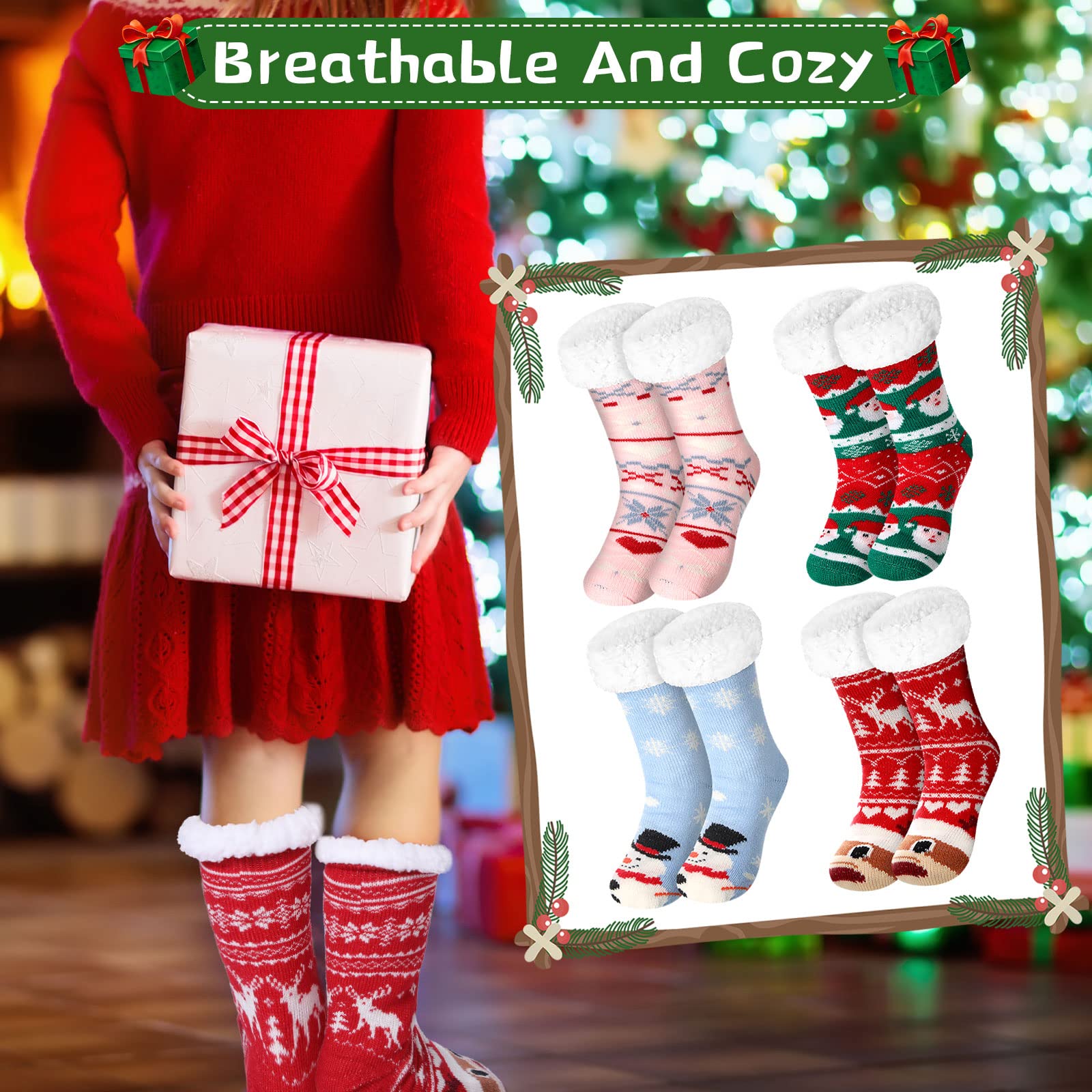 Lot de 4 paires de chaussettes de Noël en vrac doublées en polaire pour femme et fille - Cadeau de Noël fantaisie