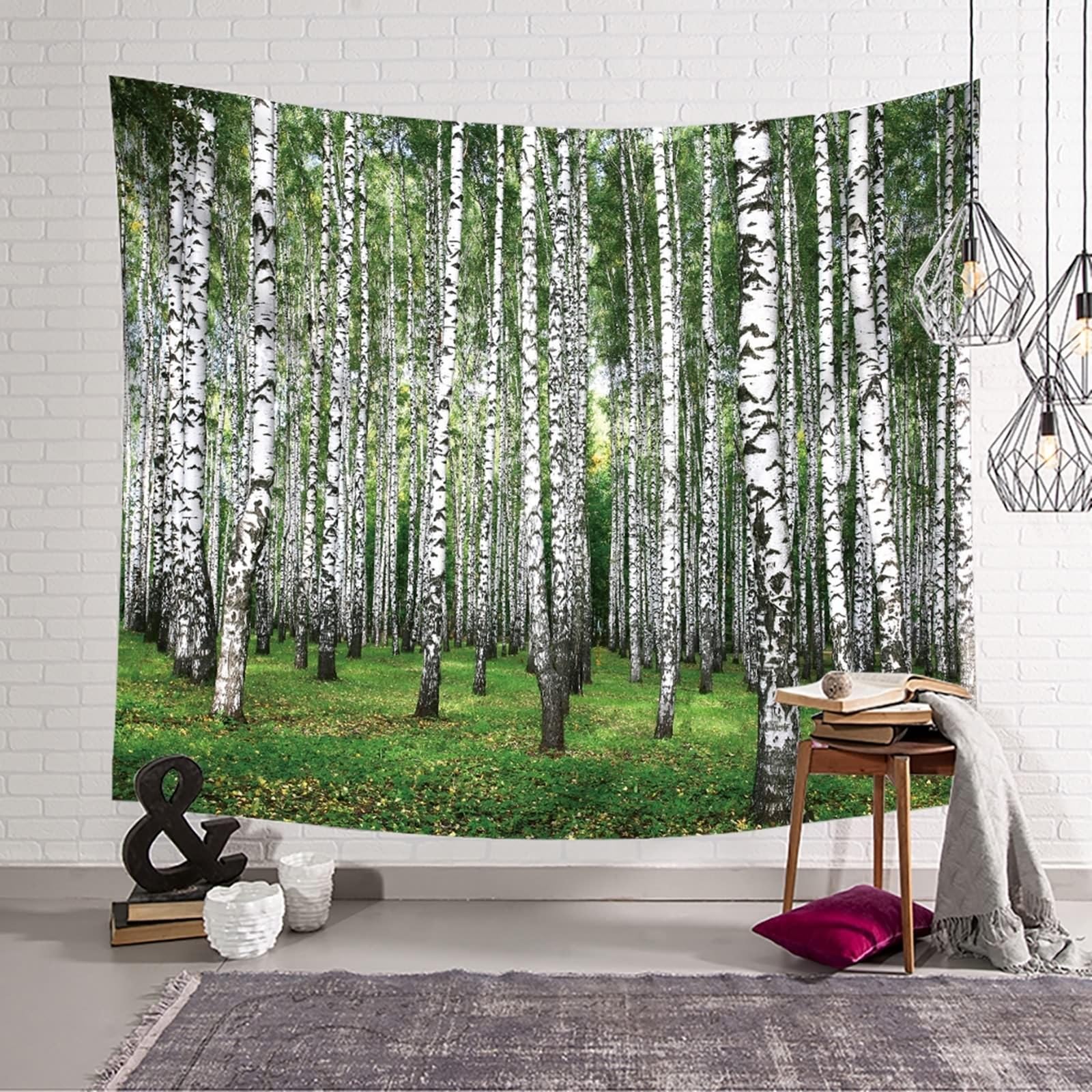 Wystrój salonu estetyczne dekoracje pokoju białe drzewa zielona mikrofibra szer. 240 cm x wys. 240 x 220 cm