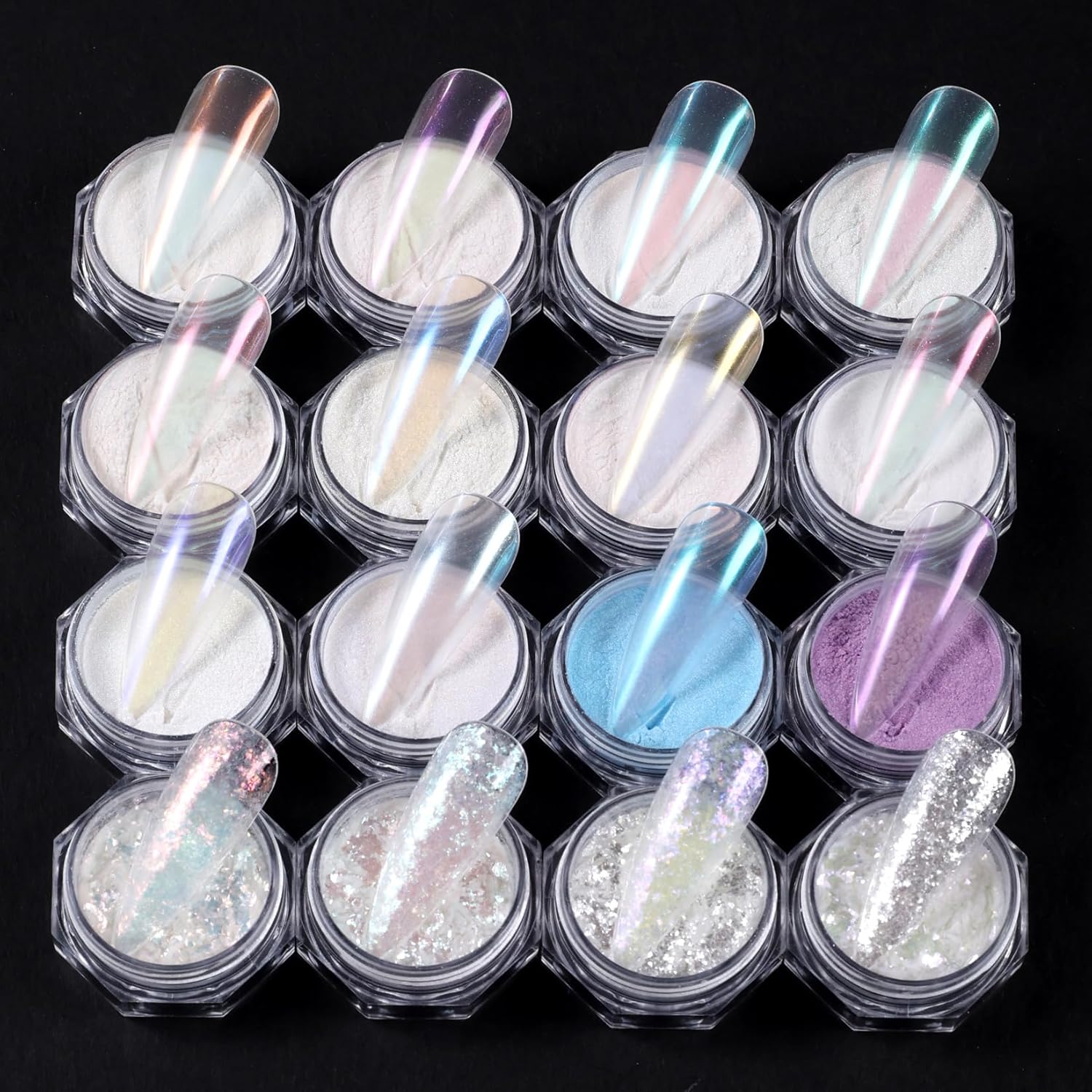 Aurora Iridescent Chrome Nail Powder 16 Colors Mermaid Pearl Mirror Effect Metallic Nail Pigment Kit White Chunky Glitter Flakes Unicorn Nail Art Dust for Acrylic Manicure DIY Salon Decoration