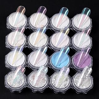 Aurora Iridescent Chrome Nail Powder 16 Colors Mermaid Pearl Mirror Effect Metallic Nail Pigment Kit White Chunky Glitter Flakes Unicorn Nail Art Dust for Acrylic Manicure DIY Salon Decoration