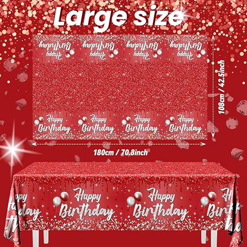 Miniatura 4 de Decoraciones de fiesta de feliz cumpleaños, 3 piezas, mantel de feliz cumpleaños, mantel rojo y plateado, mantel de plástico para mujeres y hombres,