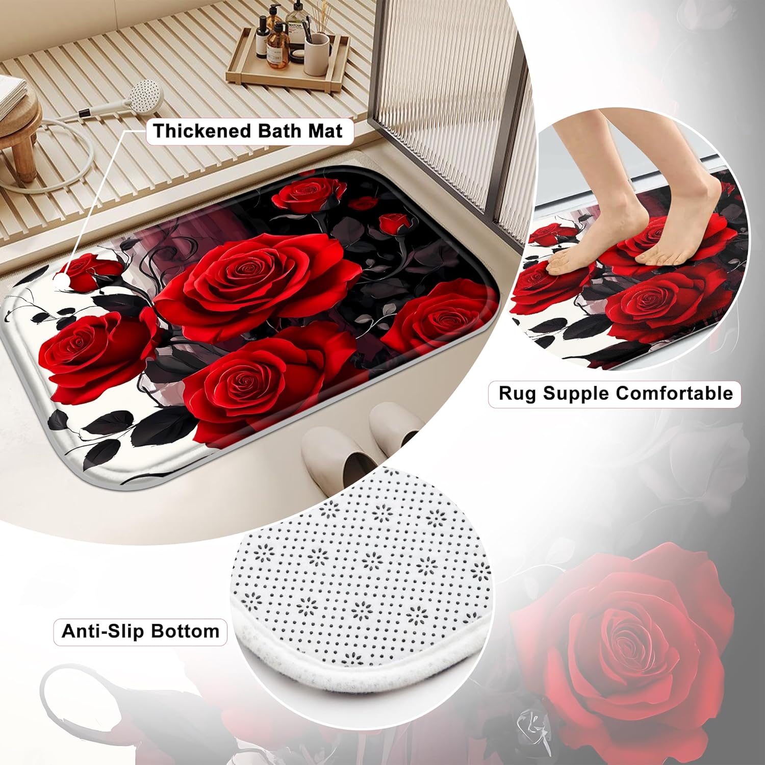 Poedist 4 Pcs Bathroom Shower Curtain Set,Red Black Rose Bathroom Set, Shower Curtain Sets with Rugs(Bath Mat,U Shape and Toilet Lid Cover Mat) and 12 Hooks