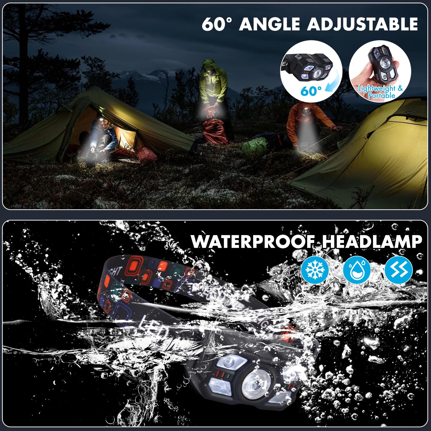 Linterna Frontal LED Recargable 2 Pack,Superbrillantes Linterna Cabeza LED Recargables con Sensor de Movimiento y Ajustable Ángulo, Luz Frontal Cabeza para Correr, Camping, Excursión, Pesca
