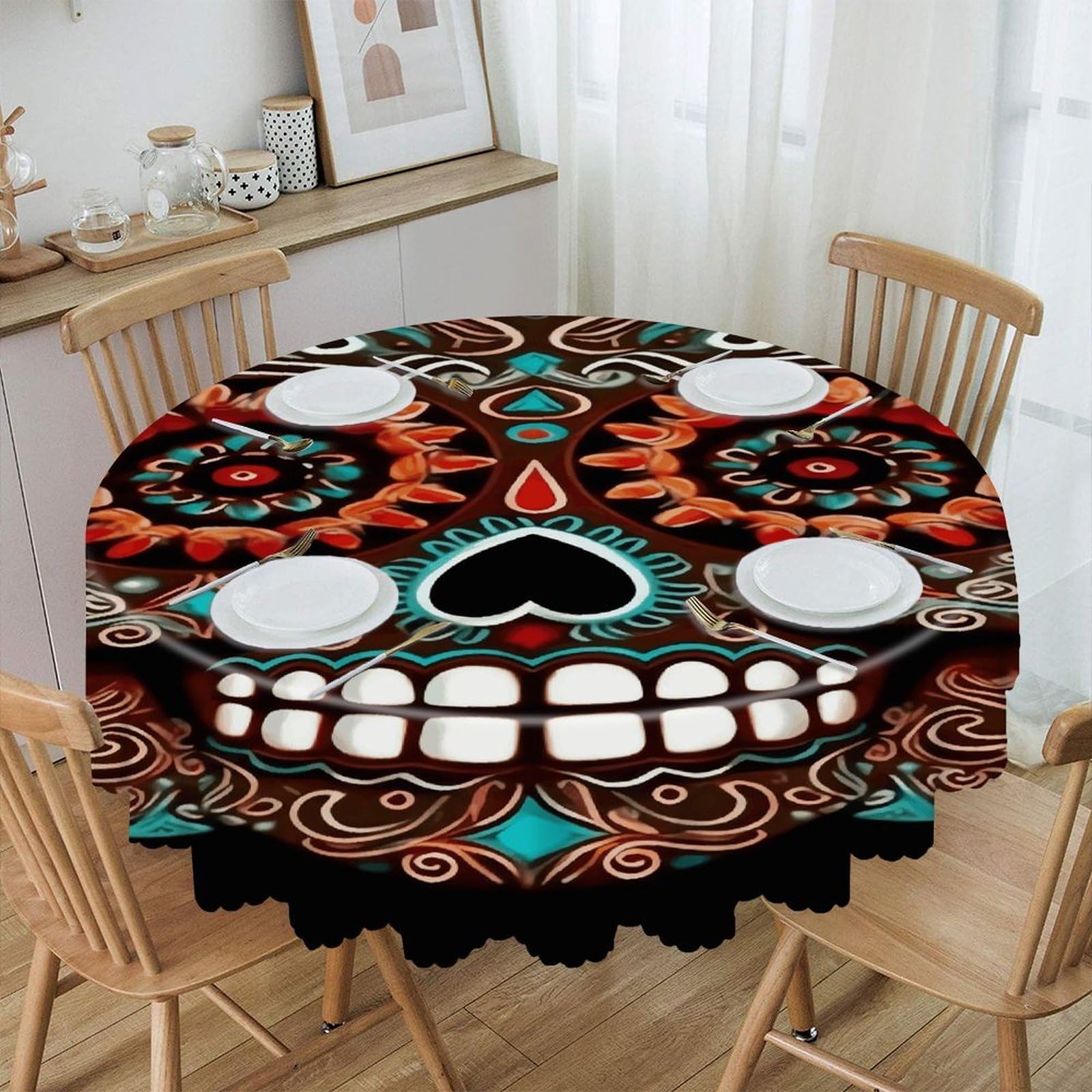 FekiLoot Sugar Skulls Day of The Dead Round Tablecloth Waterproof Spill-Proof Wipeable Table Cloth Wrinkle Free Circle Dining Table Cover for Dining Kitchen Wedding Parties Machine Washable
