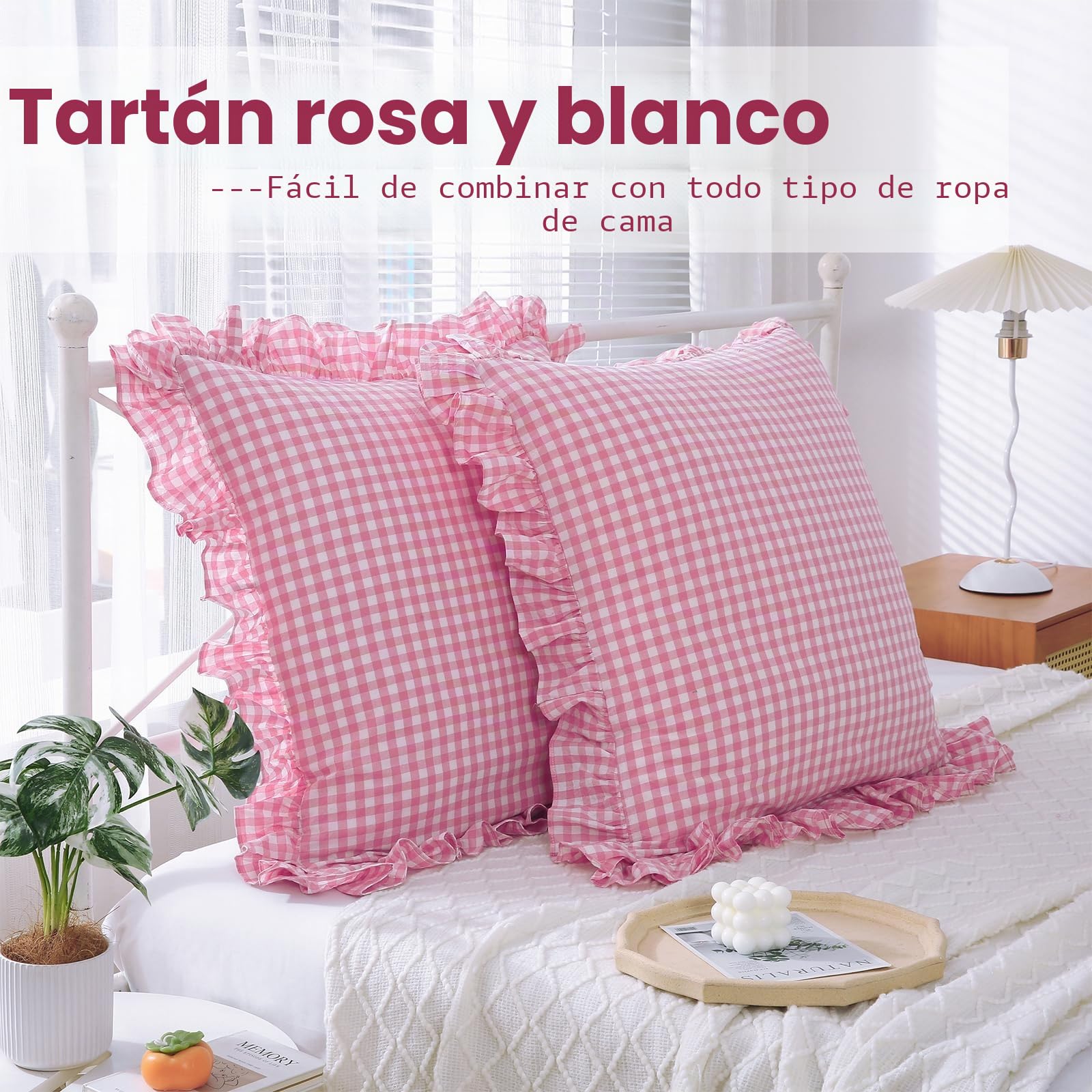 Paquete de 2 Fundas de Almohada Europeas con Volantes a Cuadros Rosa de 26 x 26 Pulgadas, algodón Lavado a Cuadros Rosa y Blanco, Fundas de Almohada para Cama/sofá (26 x 26 Pulgadas | 100% algodón lavado, fundas de almohada decorativas a cuadros con volan