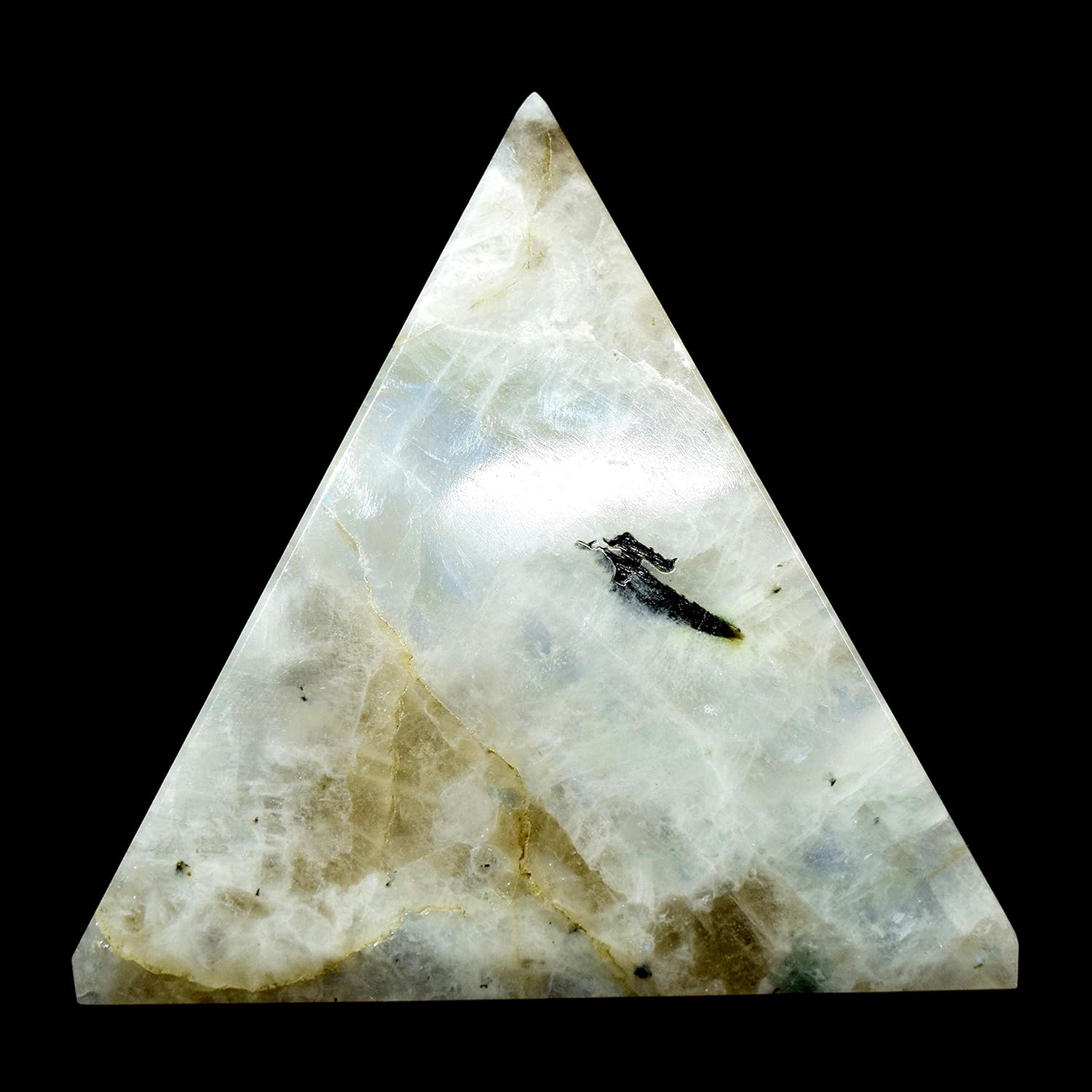 HC Set: 79mm Rainbow Moonstone Pyramid Natural Sparkling Blue Flash Crystal Feldspar Mineral Polished Magic Stone - India + One Polished Clear Quartz Cabochon